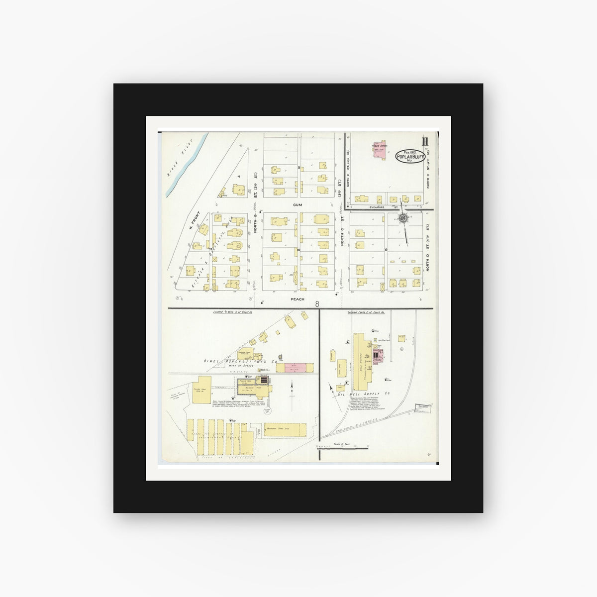 Old map wall art mockup β black gallery frame with white mat β Sanborn Fire Insurance Map from Poplar Bluff, Butler County, Missouri (1910), Sheet #0011