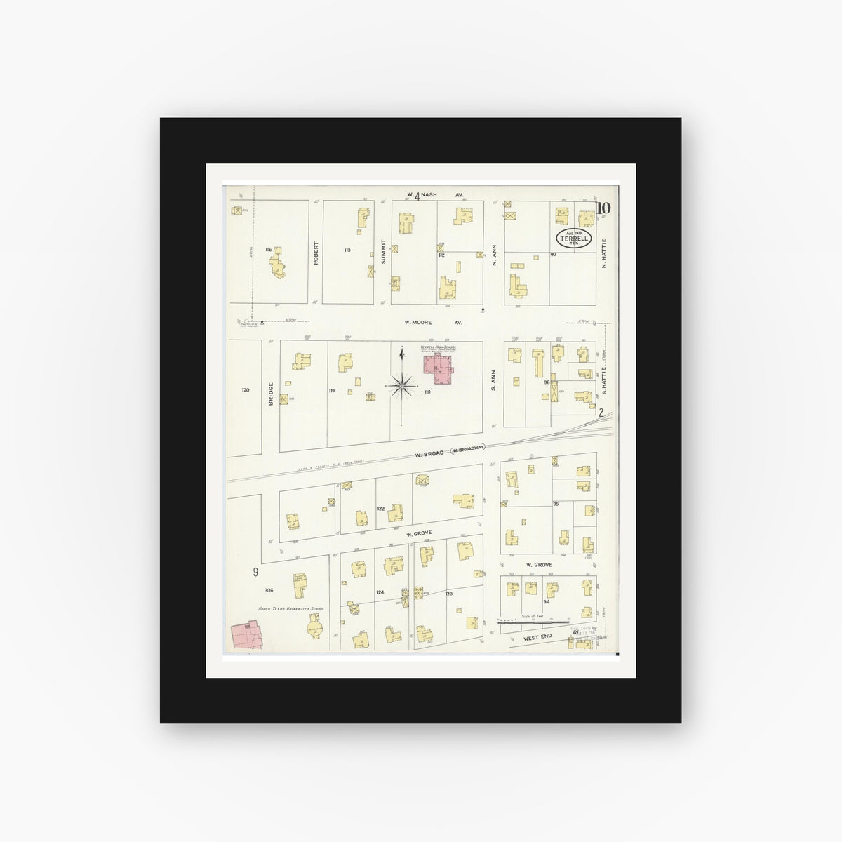 Old map wall art mockup — black gallery frame with white mat — Sanborn Fire Insurance Map from Terrell, Kaufman County, Texas (1909), Sheet #0010