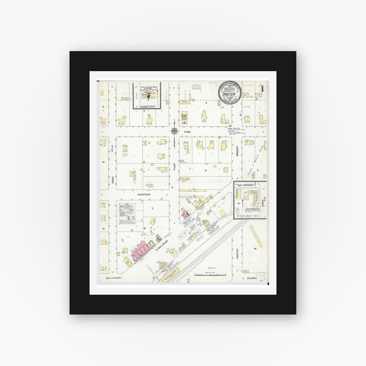 Old map wall art mockup — black gallery frame with white mat — Sanborn Fire Insurance Map from Oneida, Knox County, Illinois (1910), Sheet #0001
