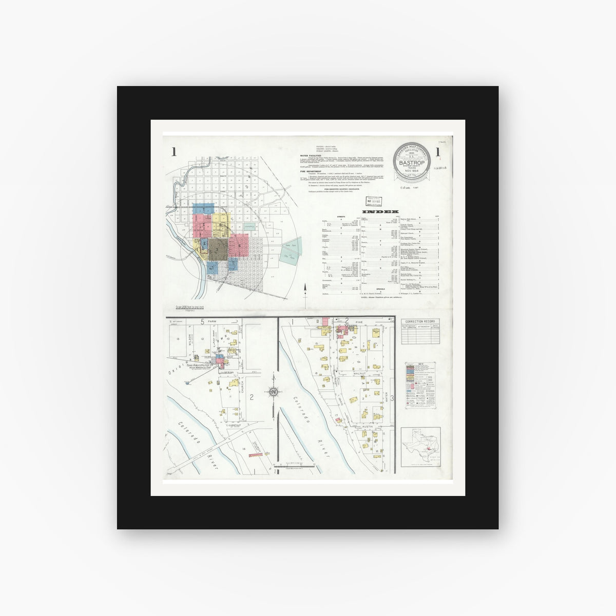 Old map wall art mockup — black gallery frame with white mat — Sanborn Fire Insurance Map from Bastrop, Bastrop County, Texas (1934) - Complete Map Set