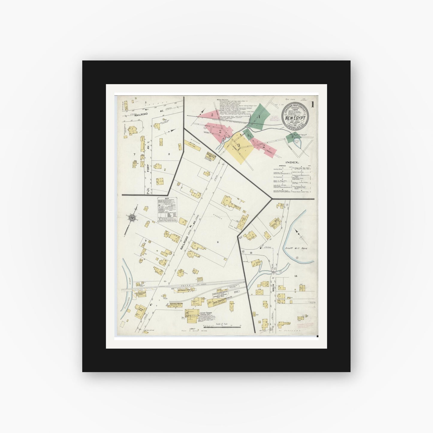 Old map wall art mockup — black gallery frame with white mat — Sanborn Fire Insurance Map from New Egypt, Ocean County, New Jersey (1911), Sheet #0001
