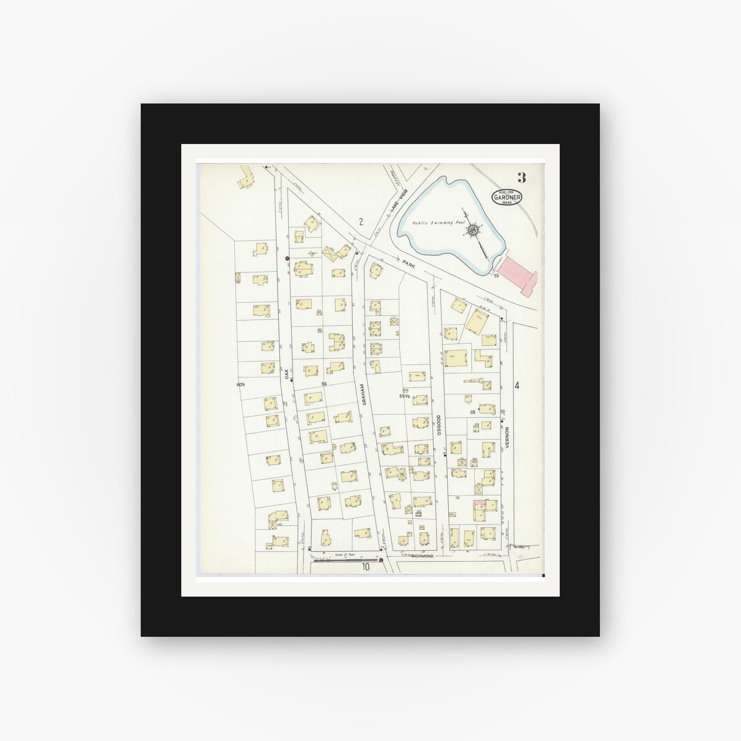 Old map wall art mockup — black gallery frame with white mat — Sanborn Fire Insurance Map from Gardner, Worcester County, Massachusetts (1914), Sheet #0003