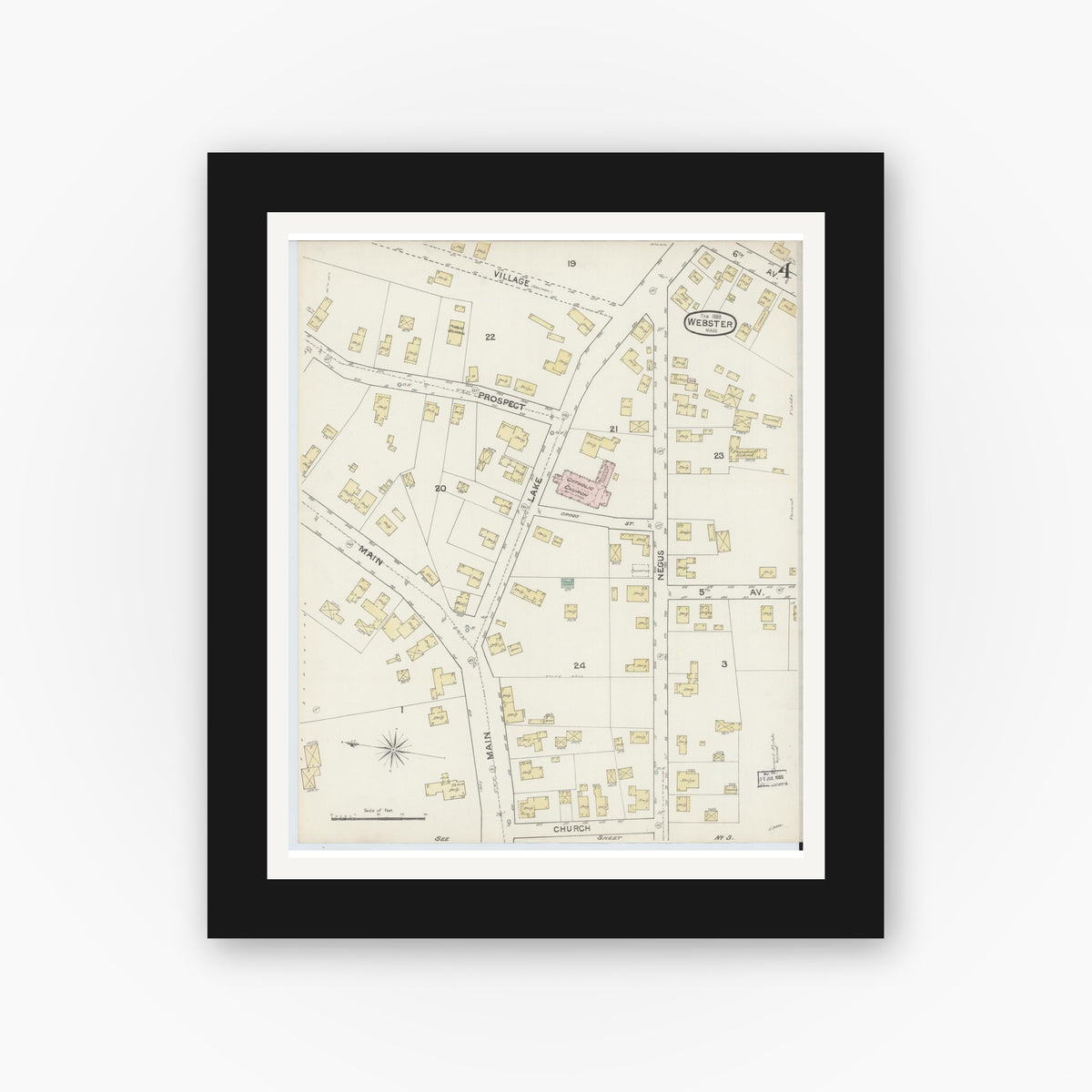 Old map wall art mockup — black gallery frame with white mat — Sanborn Fire Insurance Map from Webster, Worcester County, Massachusetts (1888), Sheet #0004