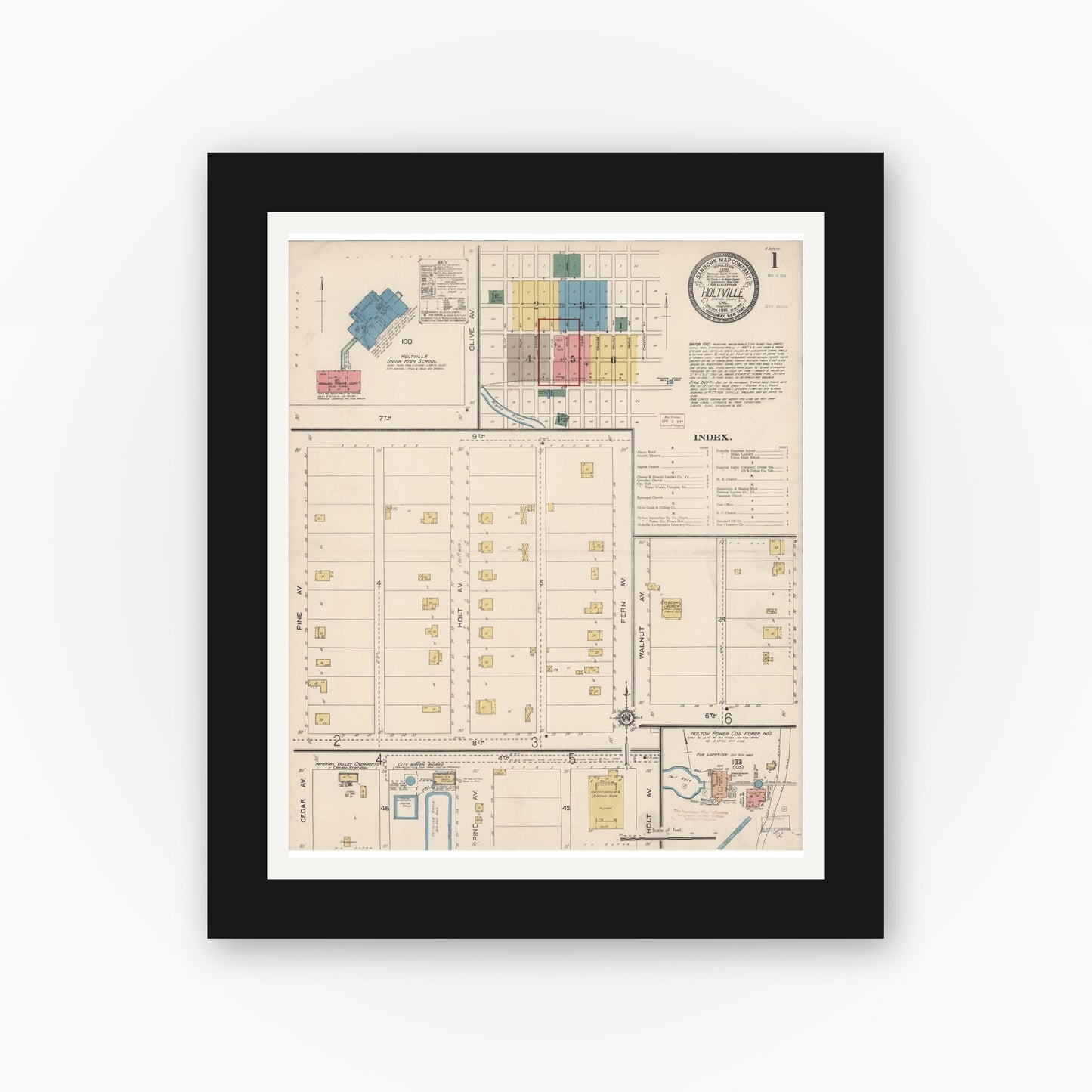 Old map wall art mockup — black gallery frame with white mat — Sanborn Fire Insurance Map from Holtville, Imperial County, California (1914) - Complete Map Set