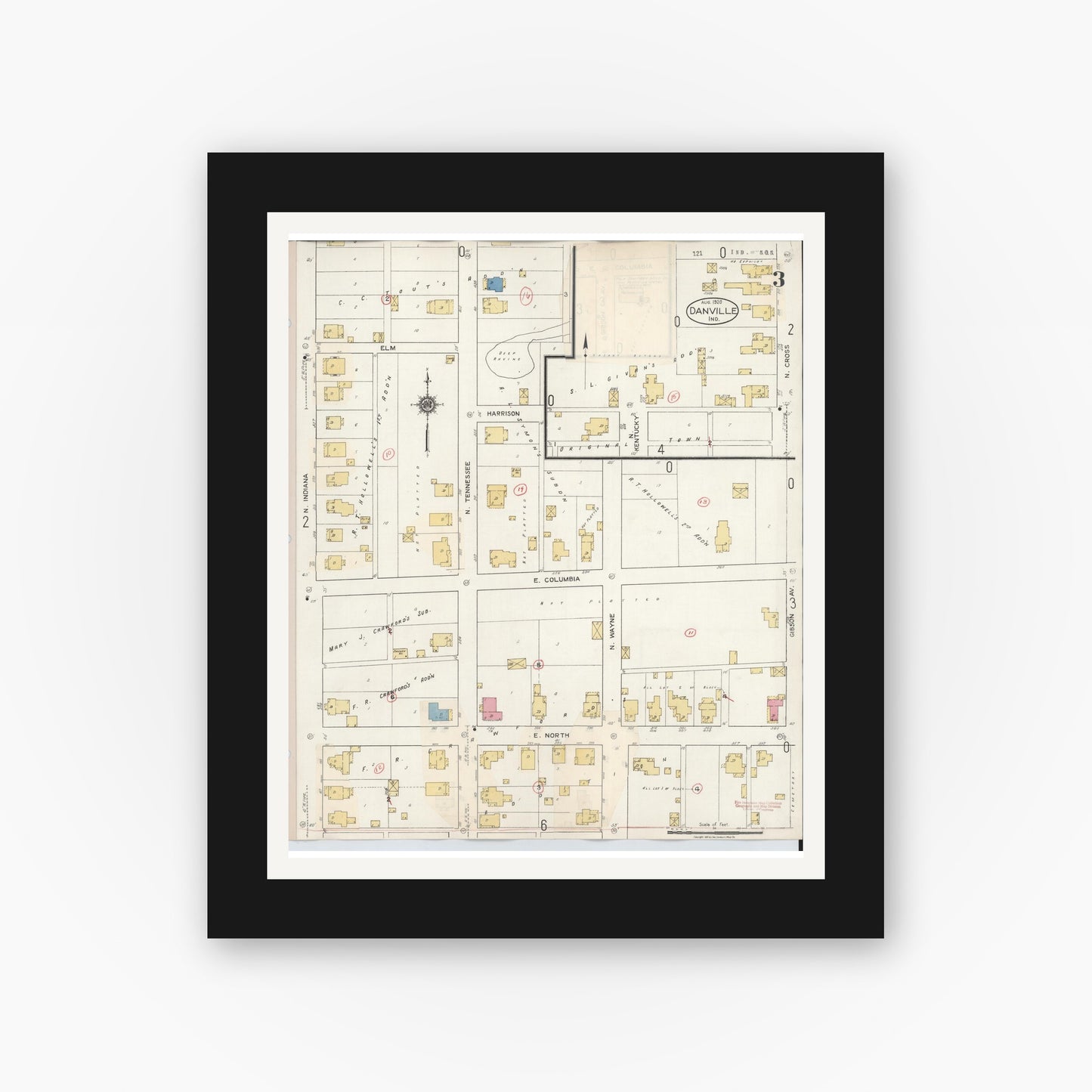Old map wall art mockup — black gallery frame with white mat — Sanborn Fire Insurance Map from Danville, Hendricks County, Indiana (1932), Sheet #0003