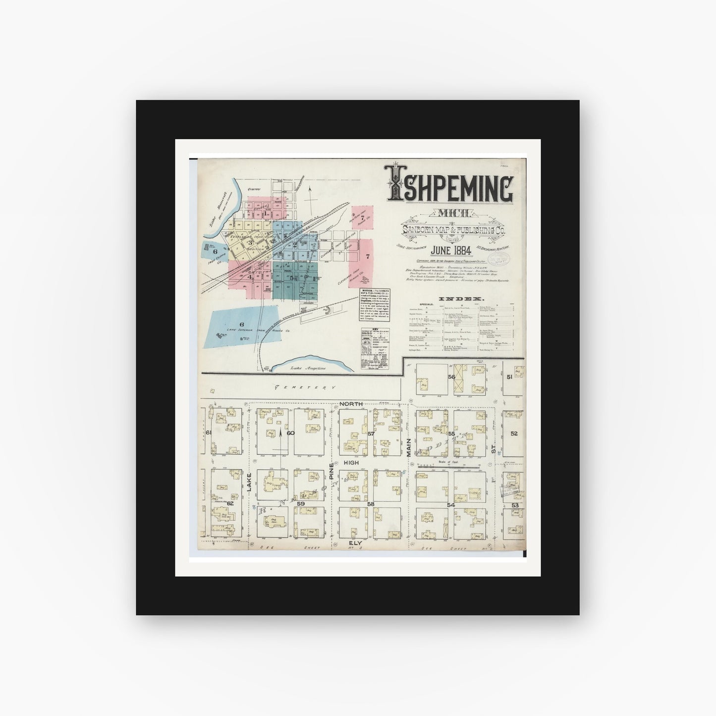 Old map wall art mockup — black gallery frame with white mat — Sanborn Fire Insurance Map from Ishpeming, Marquette County, Michigan (1884) - Complete Map Set