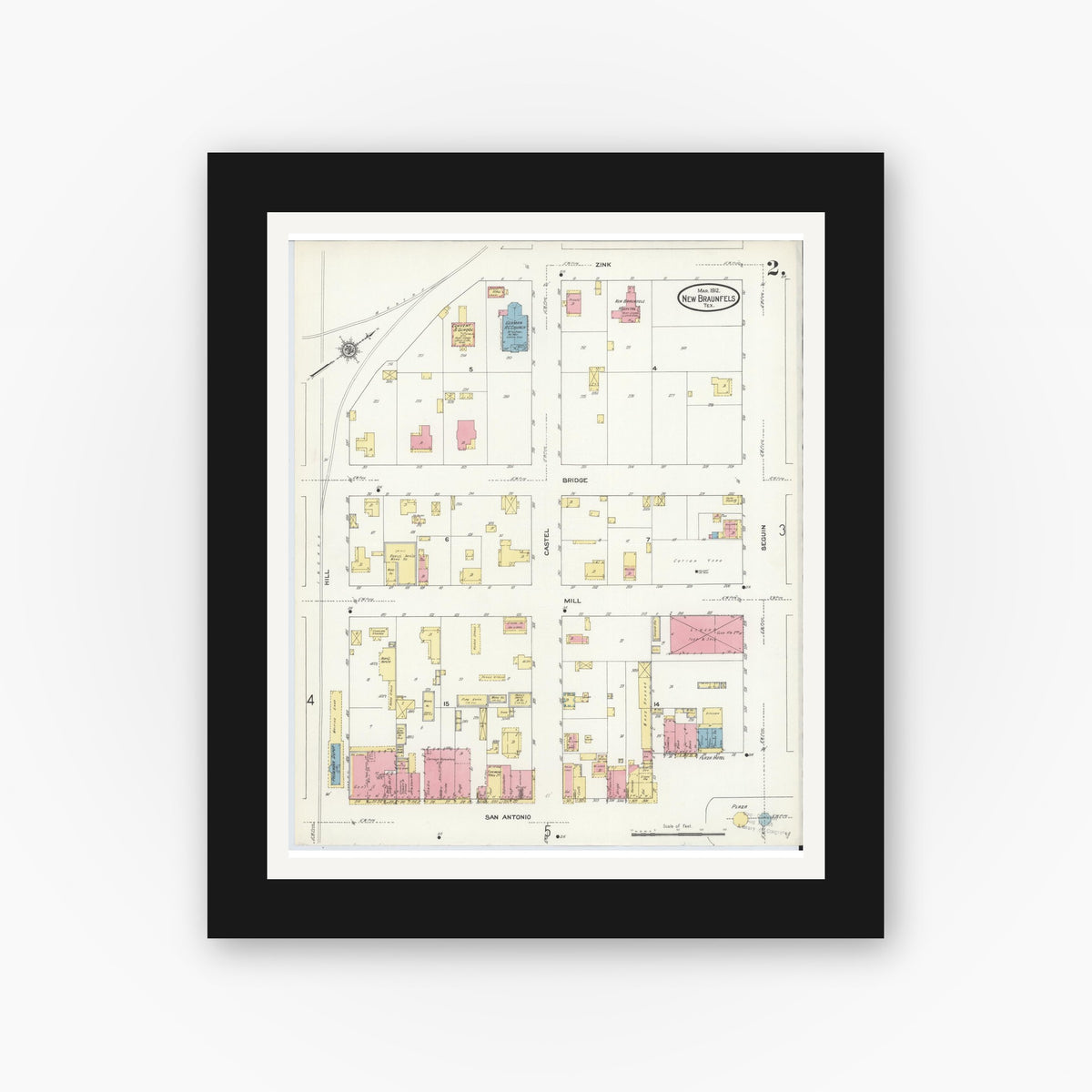 Old map wall art mockup — black gallery frame with white mat — Sanborn Fire Insurance Map from New Braunfels, Comal County, Texas (1912), Sheet #0002