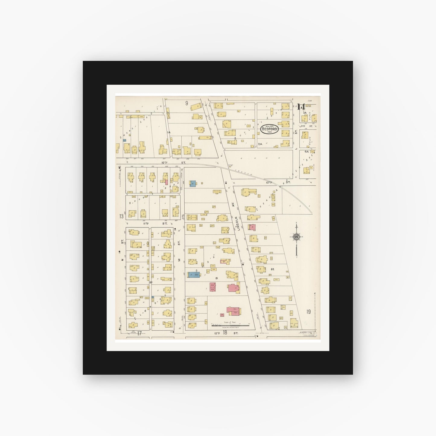 Old map wall art mockup — black gallery frame with white mat — Sanborn Fire Insurance Map from Bedford, Lawrence County, Indiana (1922), Sheet #0014