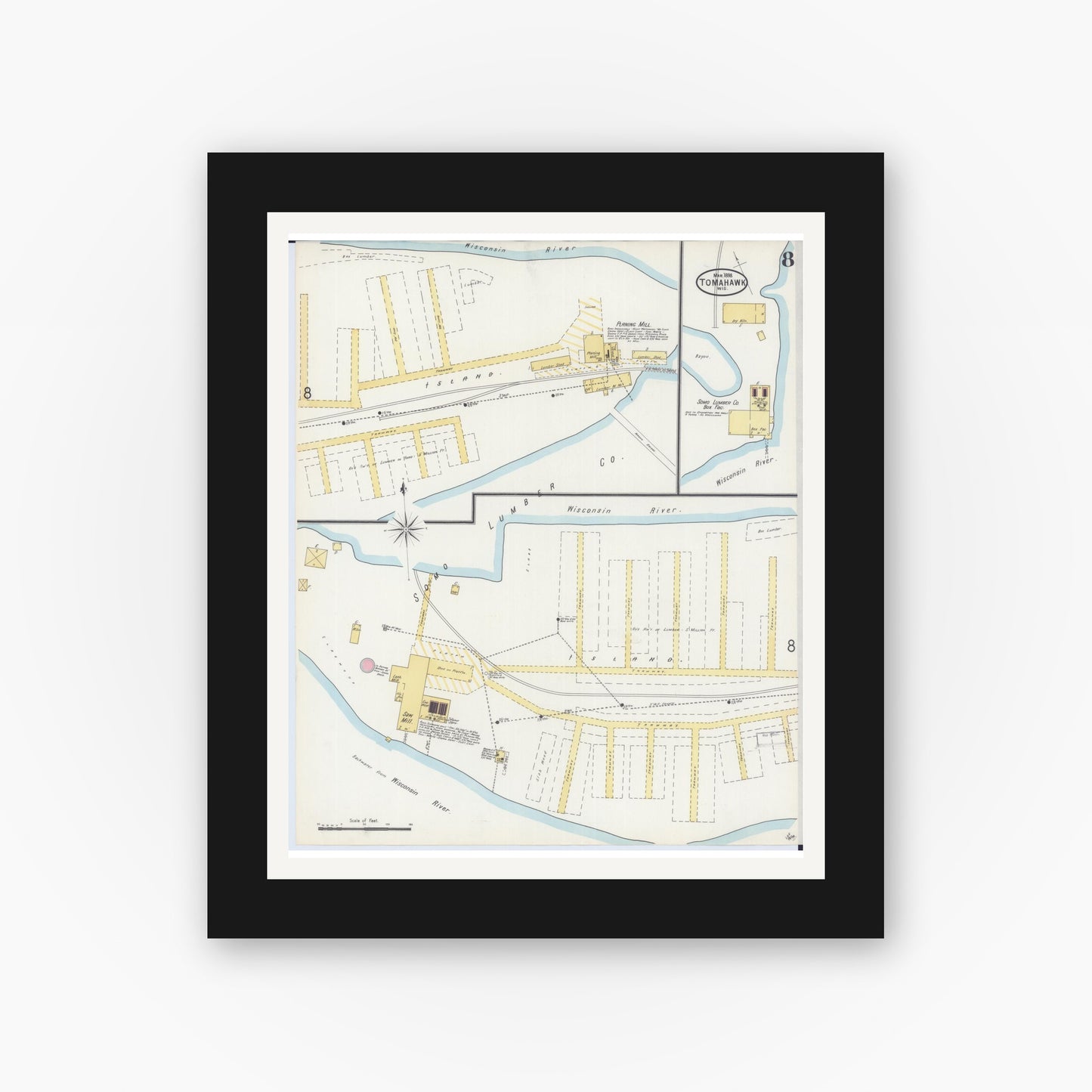 Old map wall art mockup — black gallery frame with white mat — Sanborn Fire Insurance Map from Tomahawk, Lincoln County, Wisconsin (1898), Sheet #0008