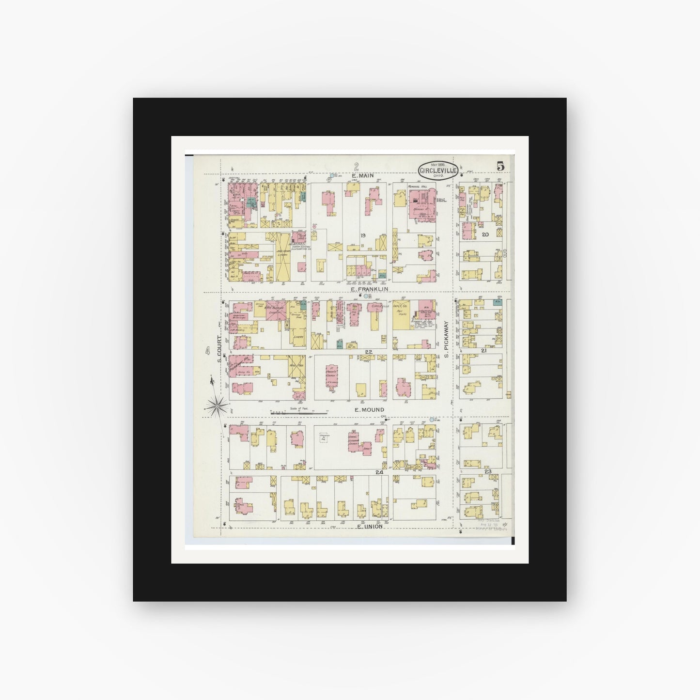 Old map wall art mockup — black gallery frame with white mat — Sanborn Fire Insurance Map from Circleville, Pickaway County, Ohio (1893), Sheet #0005
