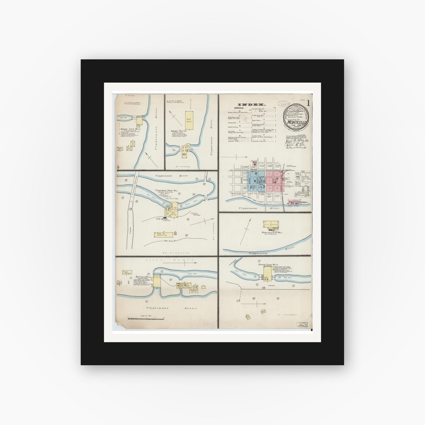 Old map wall art mockup — black gallery frame with white mat — Sanborn Fire Insurance Map from Monticello, White County, Indiana (1886) - Complete Map Set