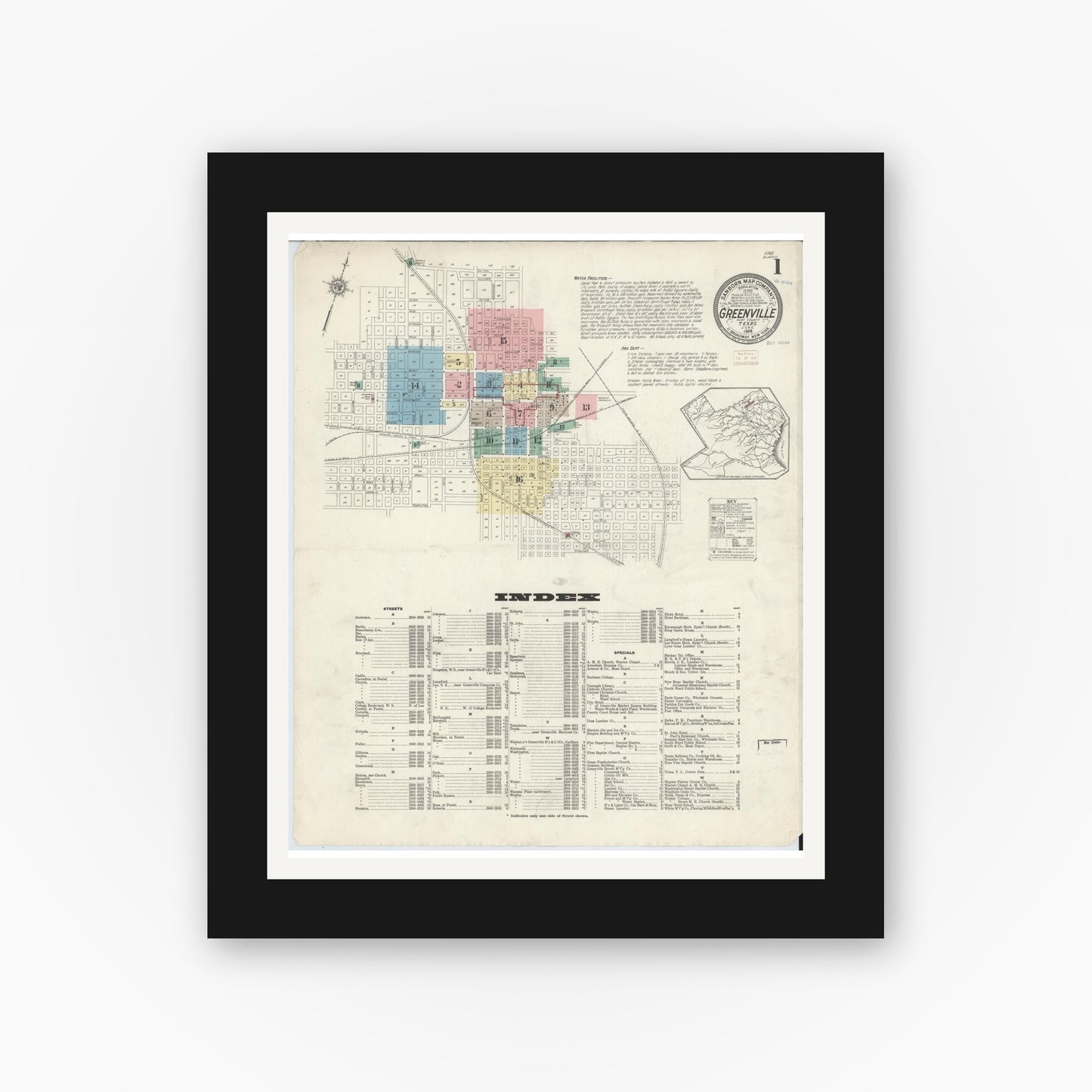 Old map wall art mockup — black gallery frame with white mat — Sanborn Fire Insurance Map from Greenville, Hunt County, Texas (1914), Sheet #0001
