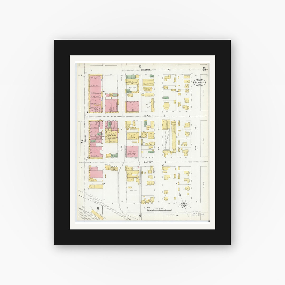 Old map wall art mockup — black gallery frame with white mat — Sanborn Fire Insurance Map from Temple, Bell County, Texas (1900), Sheet #0003