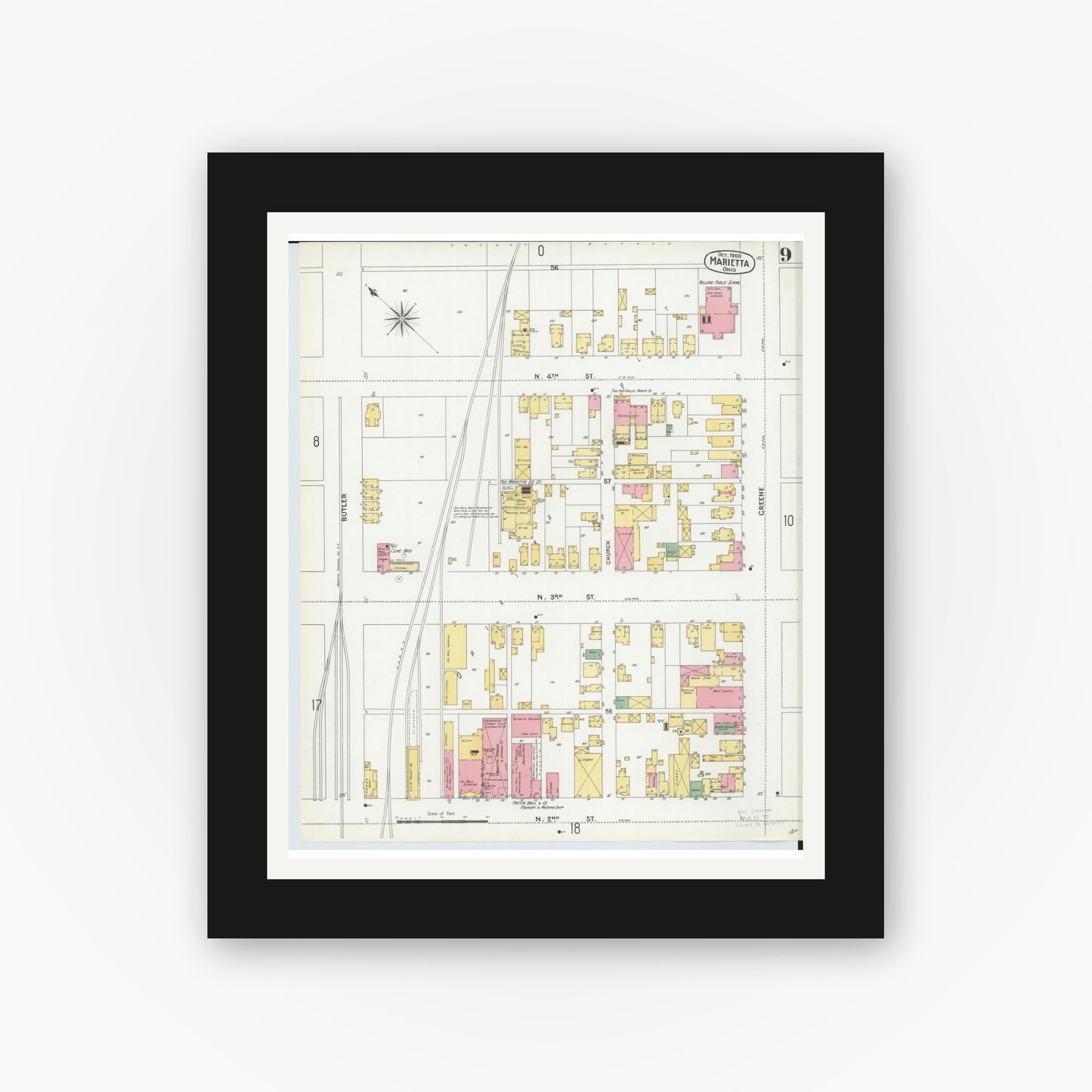 Old map wall art mockup — black gallery frame with white mat — Sanborn Fire Insurance Map from Marietta, Washington County, Ohio (1900), Sheet #0009