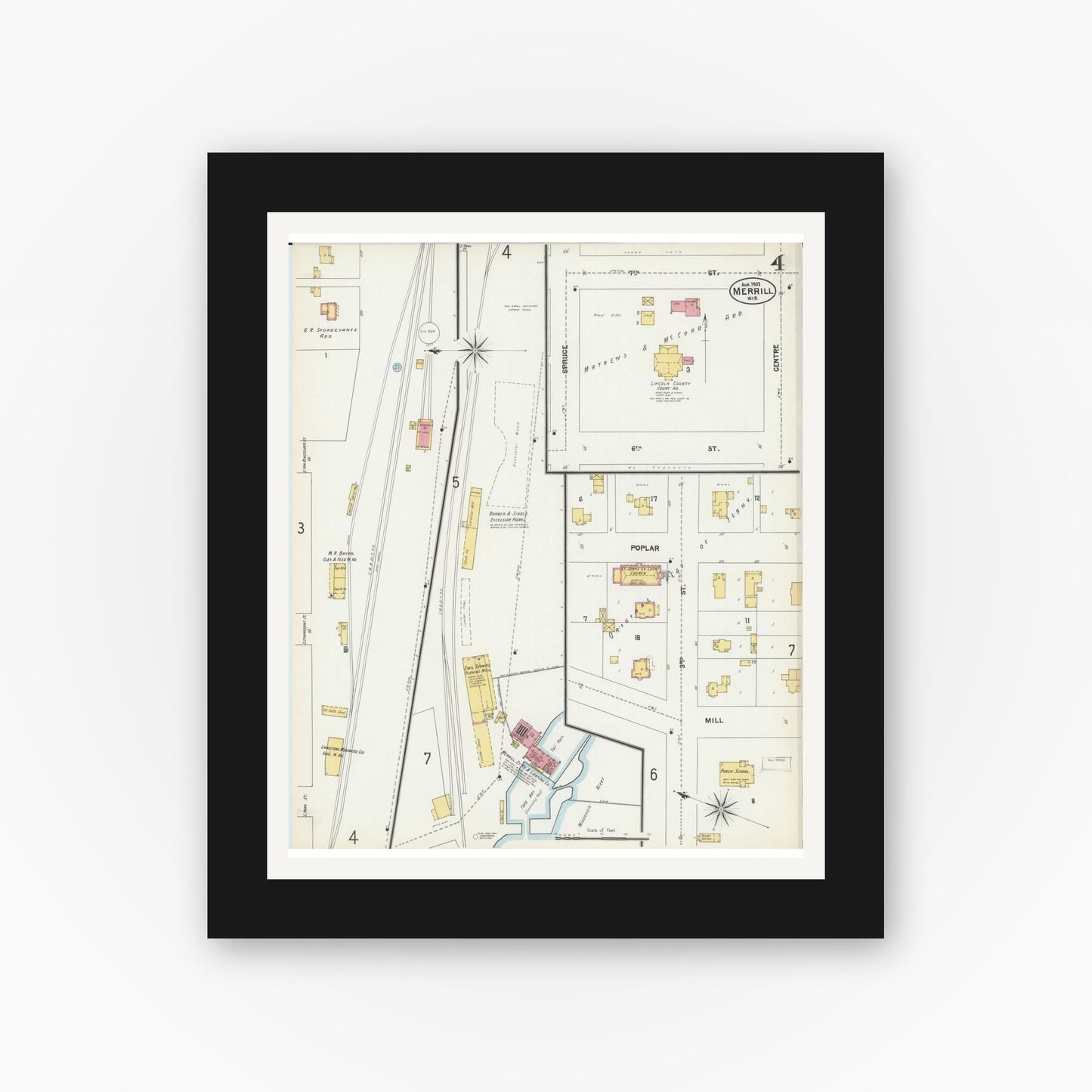 Old map wall art mockup — black gallery frame with white mat — Sanborn Fire Insurance Map from Merrill, Lincoln County, Wisconsin (1902), Sheet #0004
