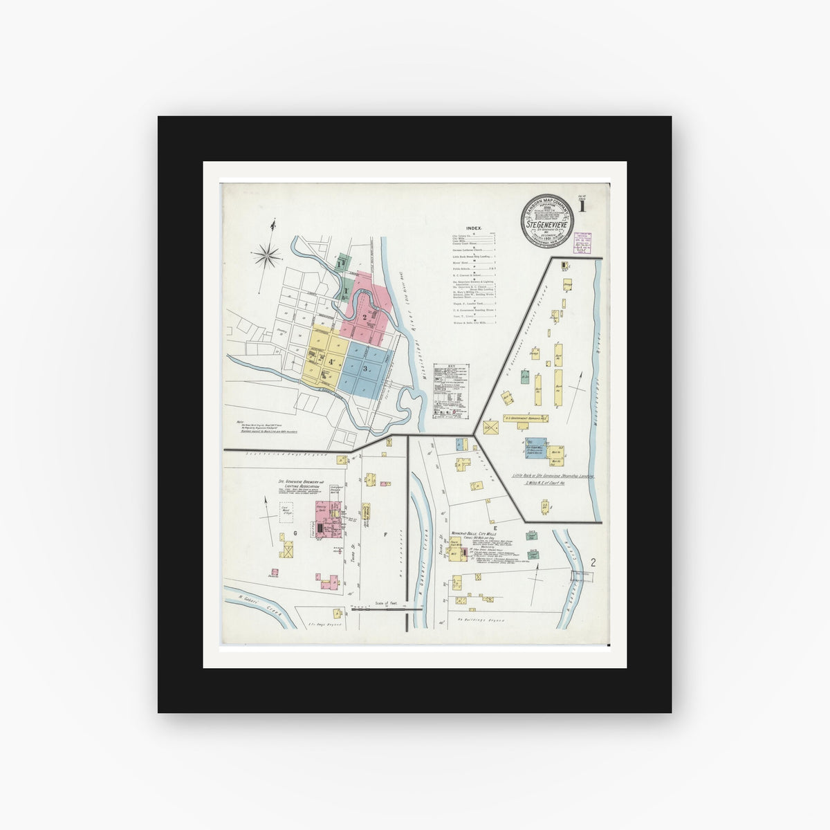Old map wall art mockup — black gallery frame with white mat — Sanborn Fire Insurance Map from Sainte Genevieve, Saint Genevieve County, Missouri (1901), Sheet #0001