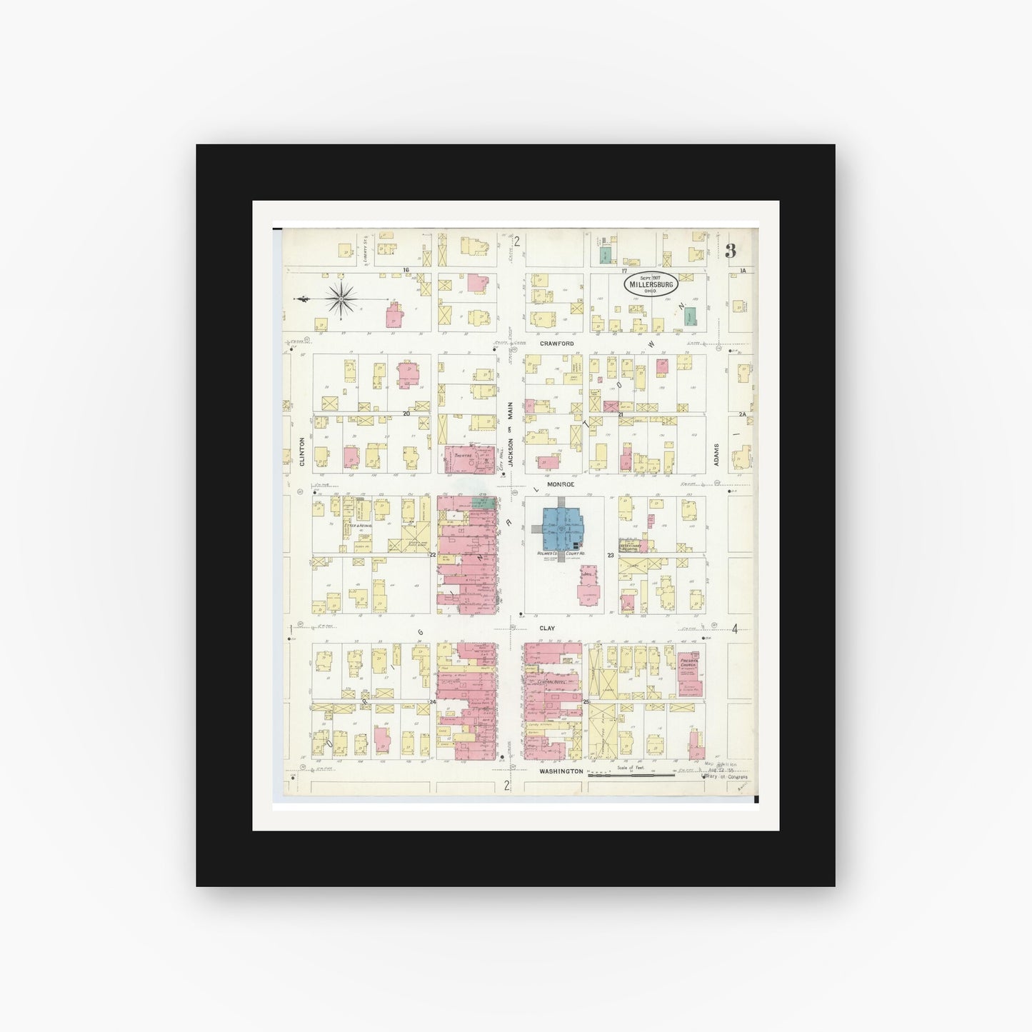 Old map wall art mockup — black gallery frame with white mat — Sanborn Fire Insurance Map from Millersburg, Holmes County, Ohio (1907), Sheet #0003