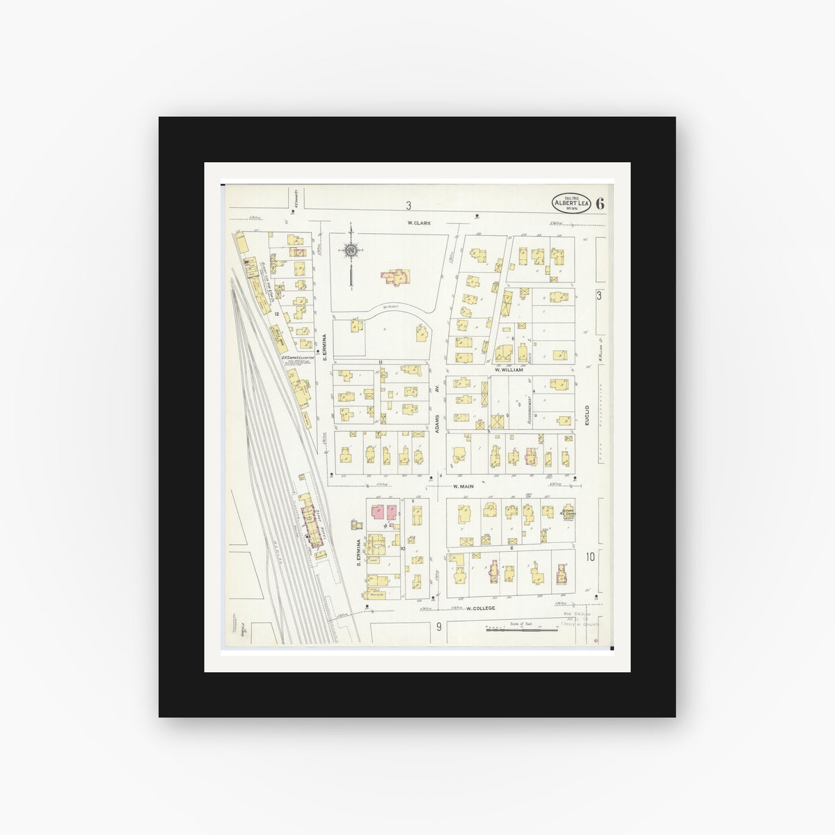 Old map wall art mockup — black gallery frame with white mat — Sanborn Fire Insurance Map from Albert Lea, Freeborn County, Minnesota (1910), Sheet #0006
