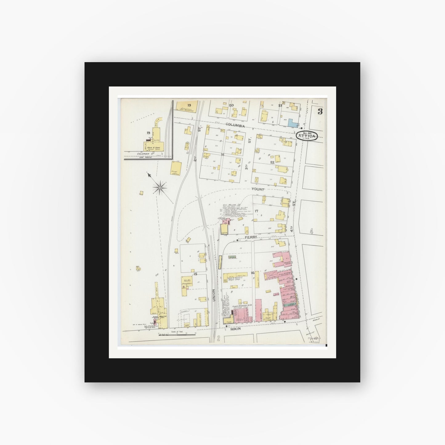 Old map wall art mockup — black gallery frame with white mat — Sanborn Fire Insurance Map from Attica, Fountain County, Indiana (1892), Sheet #0003