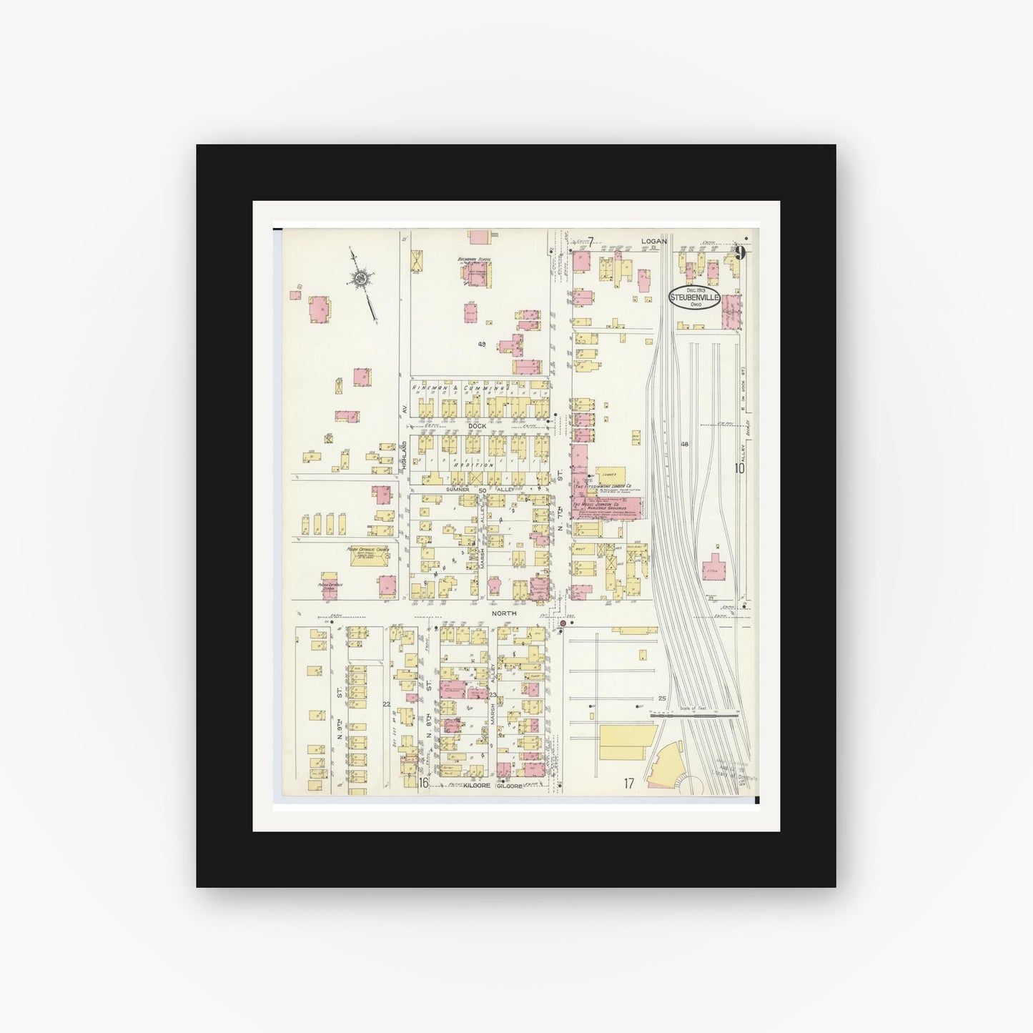 Old map wall art mockup — black gallery frame with white mat — Sanborn Fire Insurance Map from Steubenville, Jefferson County, Ohio (1913), Sheet #0009