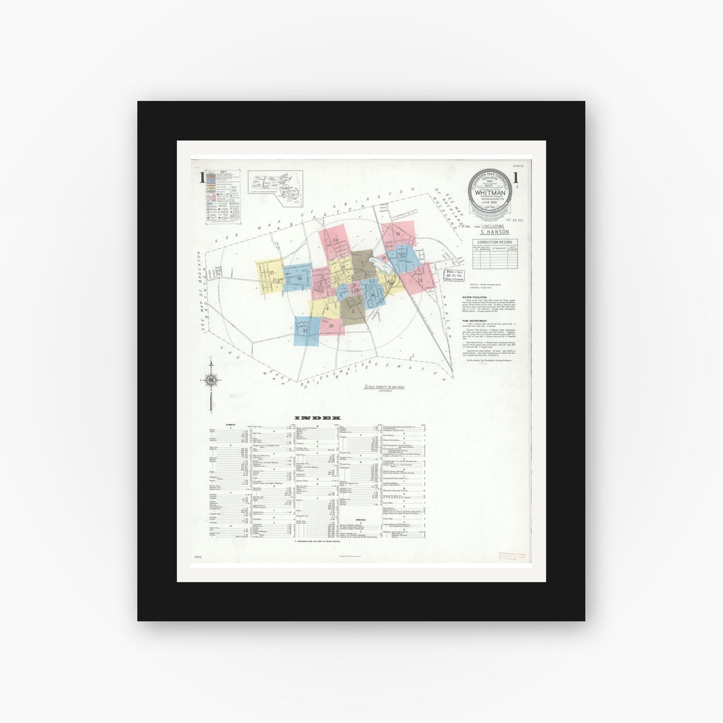 Old map wall art mockup — black gallery frame with white mat — Sanborn Fire Insurance Map from Whitman, Plymouth County, Massachusetts (1939) - Complete Map Set