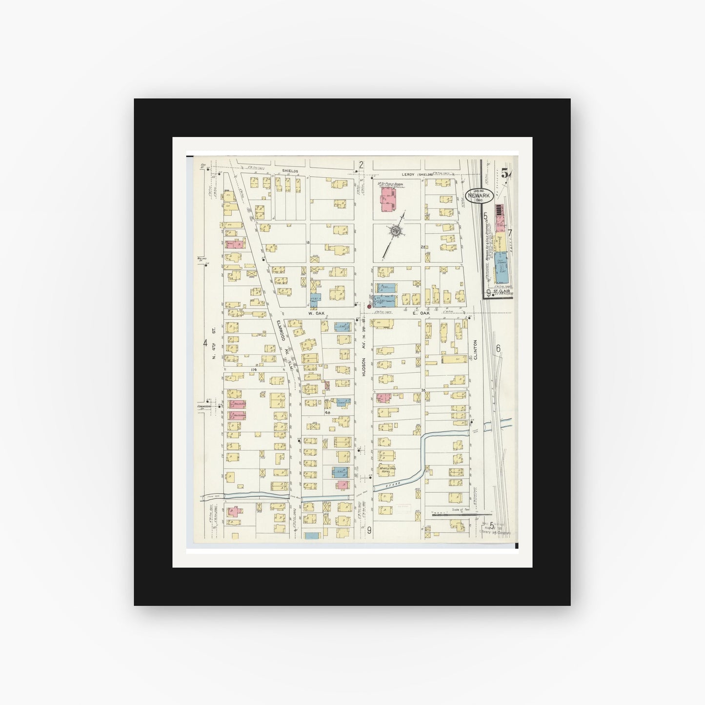 Old map wall art mockup — black gallery frame with white mat — Sanborn Fire Insurance Map from Newark, Licking County, Ohio (1912), Sheet #0005