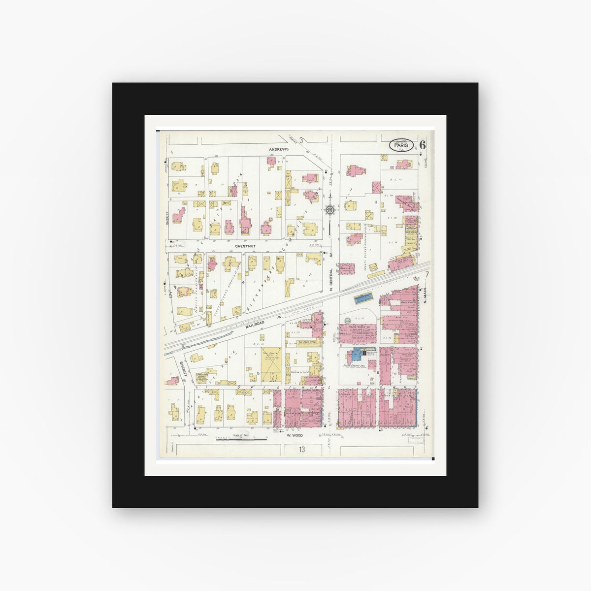 Old map wall art mockup — black gallery frame with white mat — Sanborn Fire Insurance Map from Paris, Edgar County, Illinois (1916), Sheet #0006