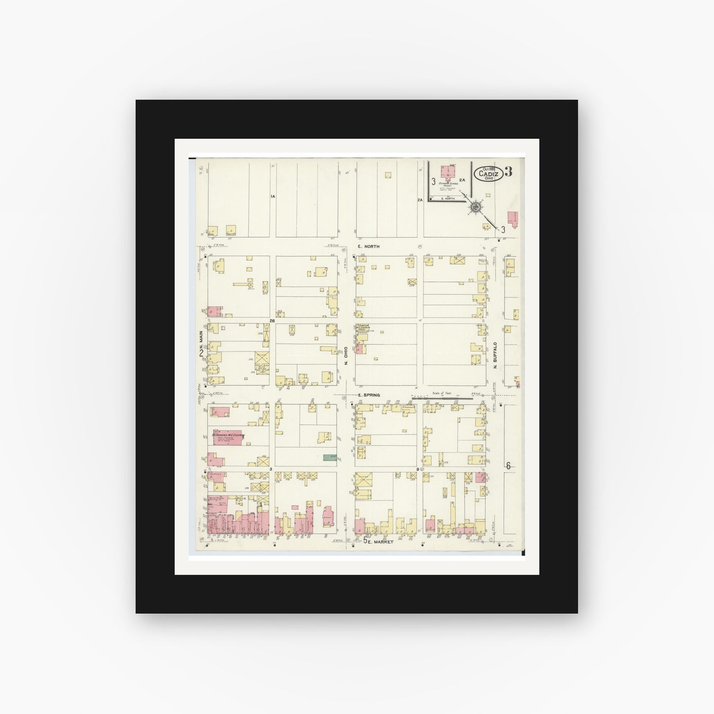 Old map wall art mockup — black gallery frame with white mat — Sanborn Fire Insurance Map from Cadiz, Harrison County, Ohio (1909), Sheet #0003