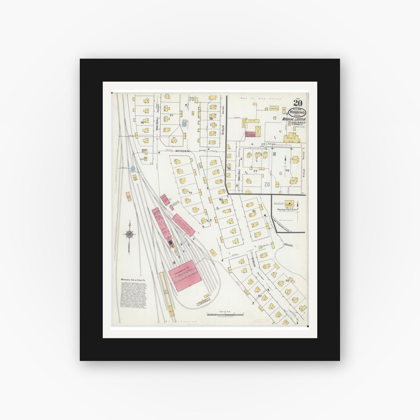 Old map wall art mockup — black gallery frame with white mat — Sanborn Fire Insurance Map from Hibbing, Saint Louis County, Minnesota (1921), Sheet #0020