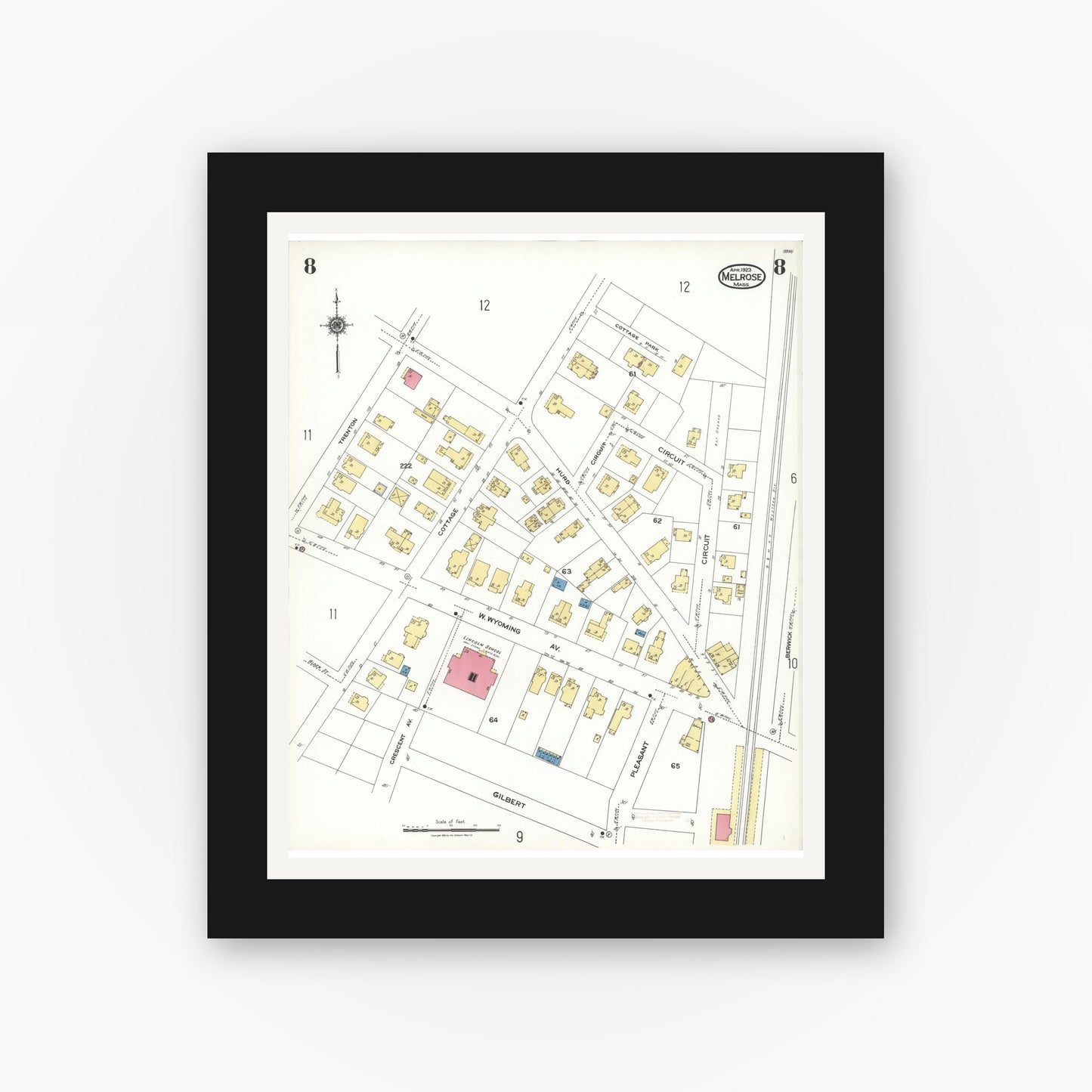 Old map wall art mockup — black gallery frame with white mat — Sanborn Fire Insurance Map from Melrose, Middlesex County, Massachusetts (1923), Sheet #0008