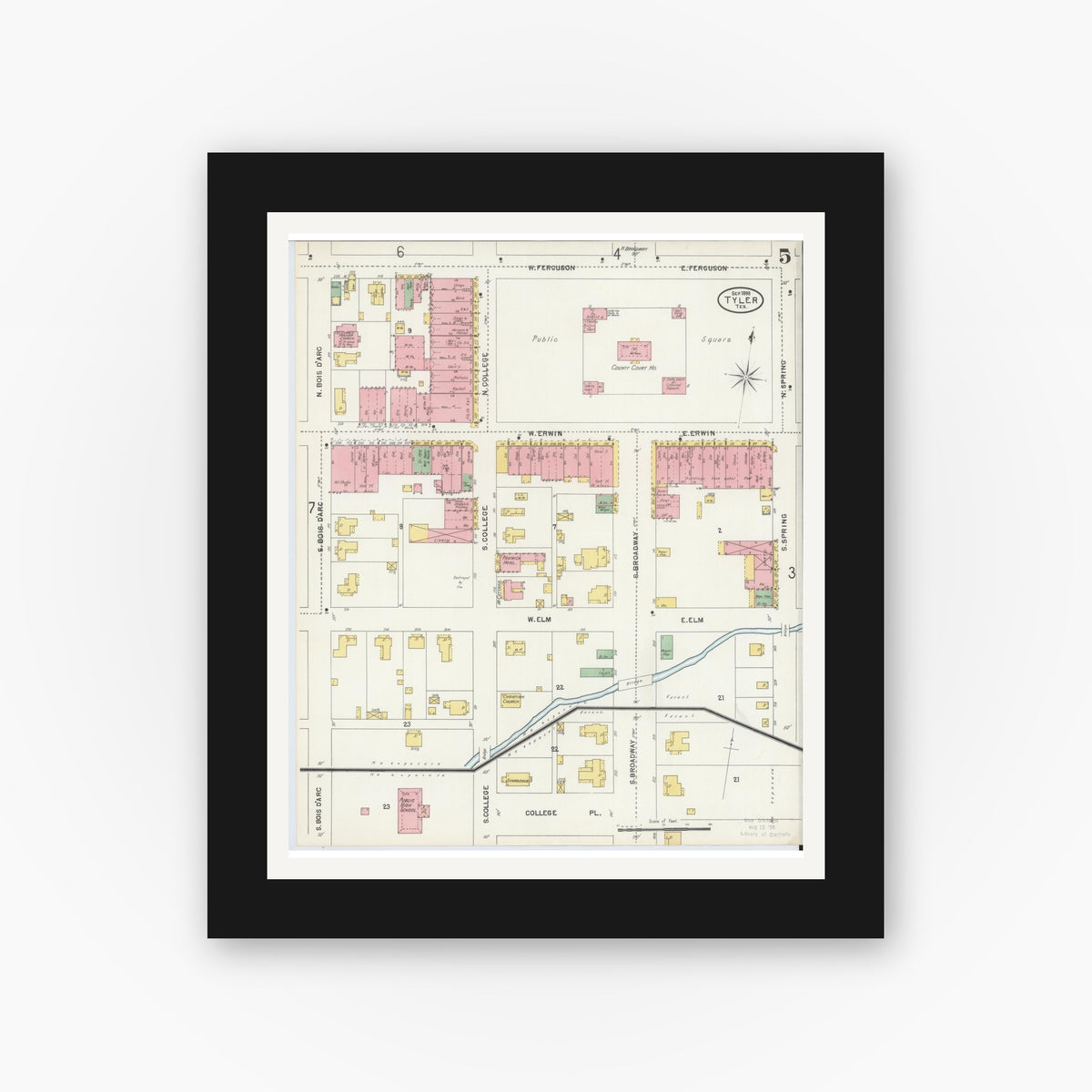 Old map wall art mockup — black gallery frame with white mat — Sanborn Fire Insurance Map from Tyler, Smith County, Texas (1898), Sheet #0005
