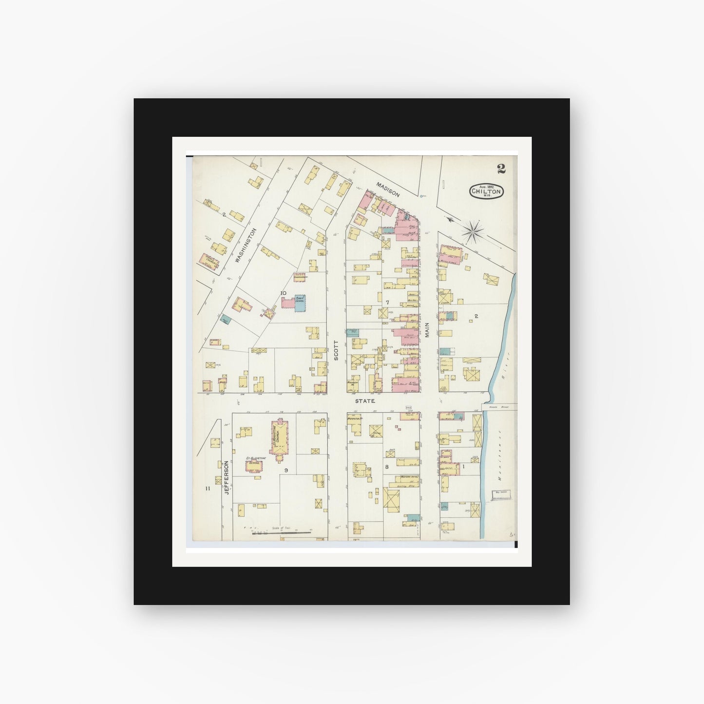 Old map wall art mockup — black gallery frame with white mat — Sanborn Fire Insurance Map from Chilton, Calumet County, Wisconsin (1892), Sheet #0002