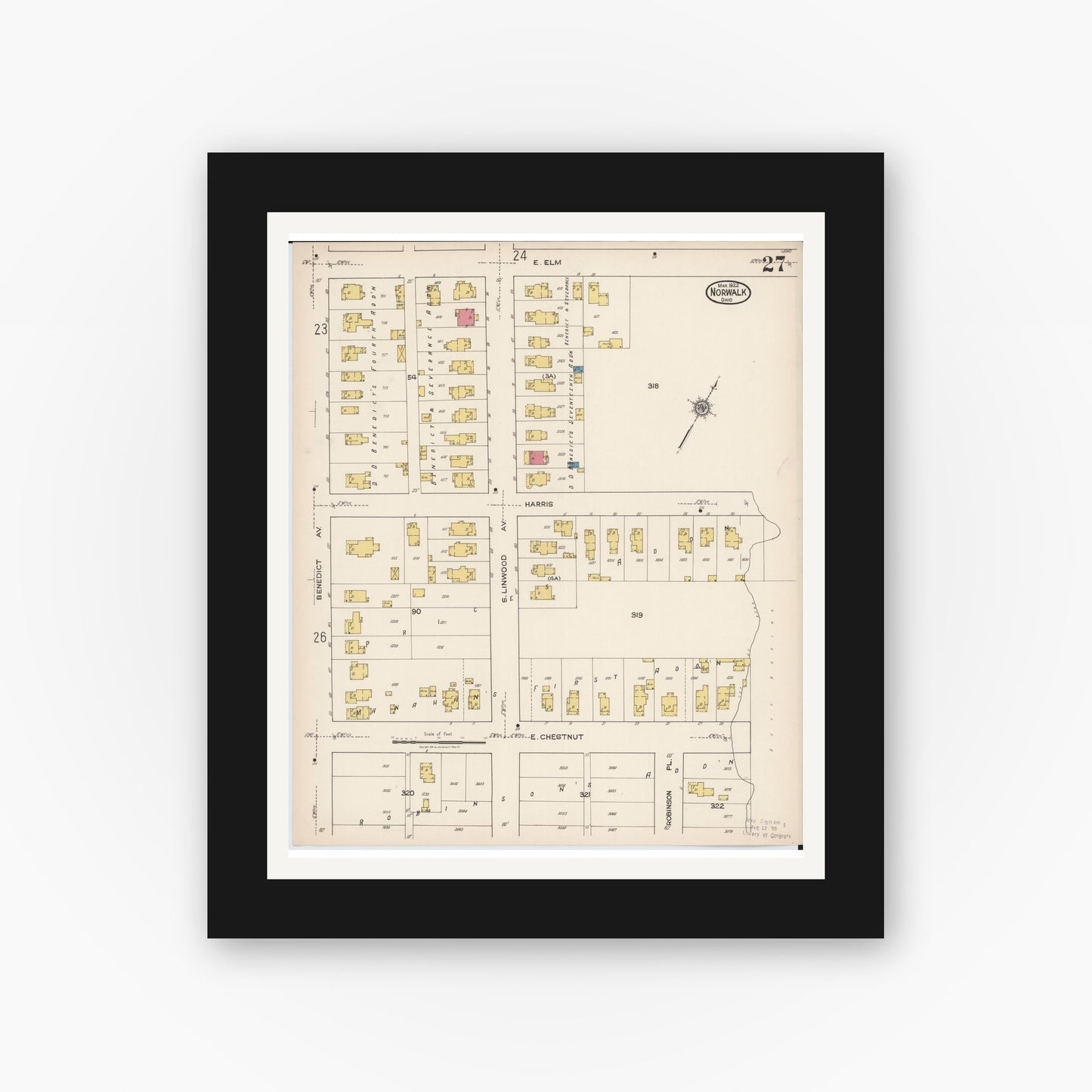 Old map wall art mockup — black gallery frame with white mat — Sanborn Fire Insurance Map from Norwalk, Huron County, Ohio (1922), Sheet #0027