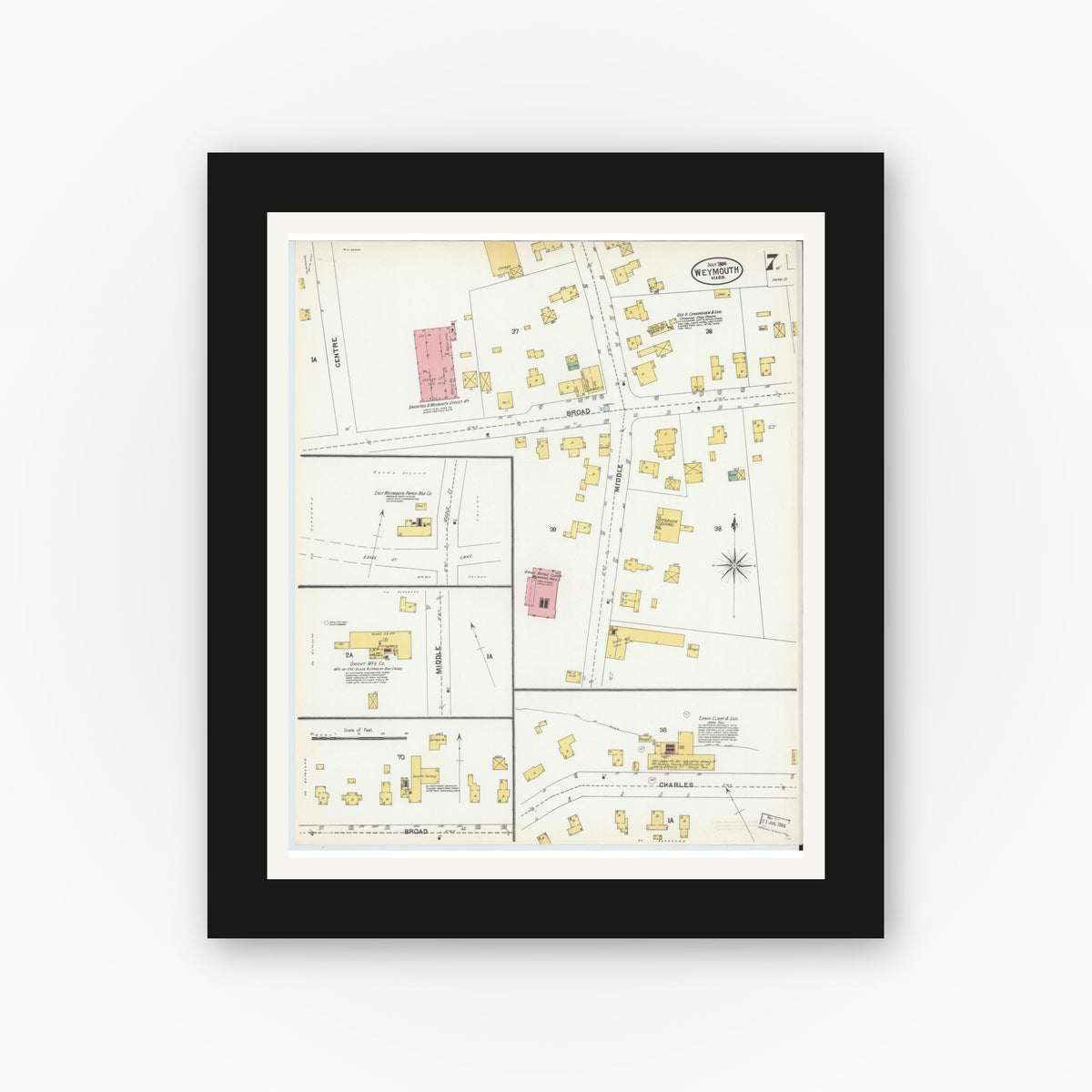 Old map wall art mockup — black gallery frame with white mat — Sanborn Fire Insurance Map from Weymouth, Norfolk County, Massachusetts (1904), Sheet #0007