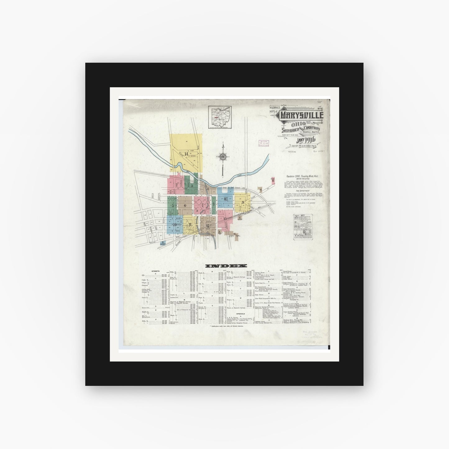 Old map wall art mockup — black gallery frame with white mat — Sanborn Fire Insurance Map from Marysville, Union County, Ohio (1916) - Complete Map Set