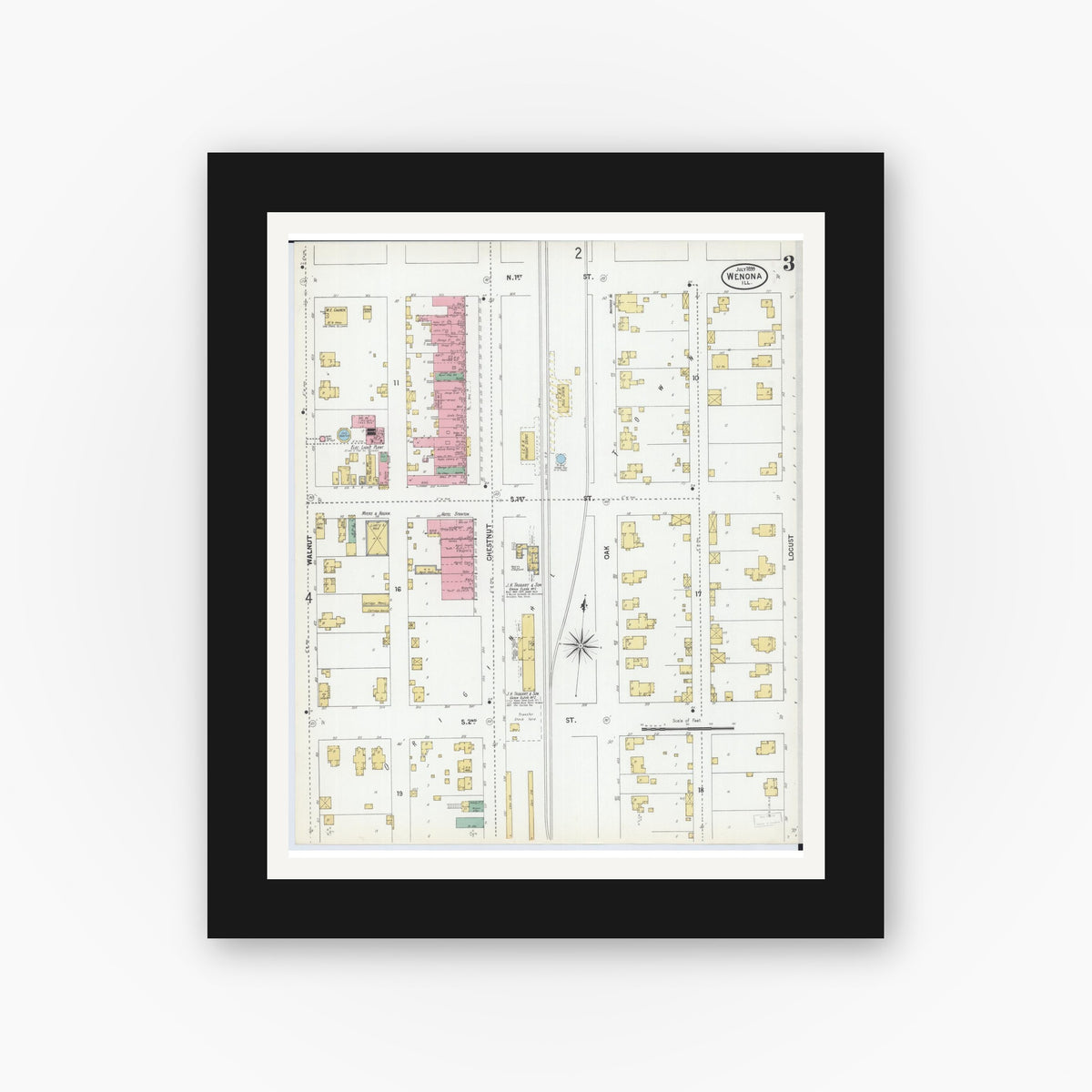 Old map wall art mockup — black gallery frame with white mat — Sanborn Fire Insurance Map from Wenona, Marshall County, Illinois (1899), Sheet #0003