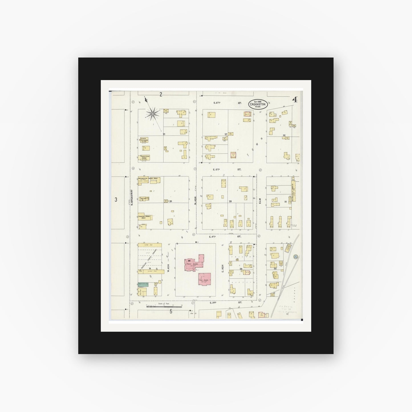 Old map wall art mockup — black gallery frame with white mat — Sanborn Fire Insurance Map from Crookston, Polk County, Minnesota (1906), Sheet #0004