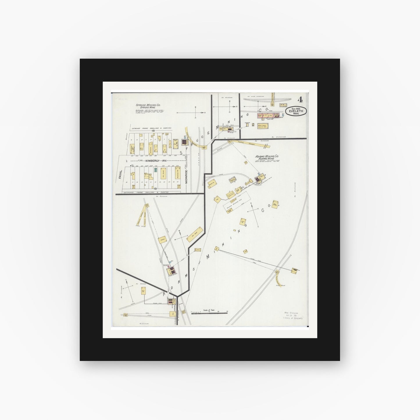 Old map wall art mockup — black gallery frame with white mat — Sanborn Fire Insurance Map from Eveleth, Saint Louis County, Minnesota (1900), Sheet #0004