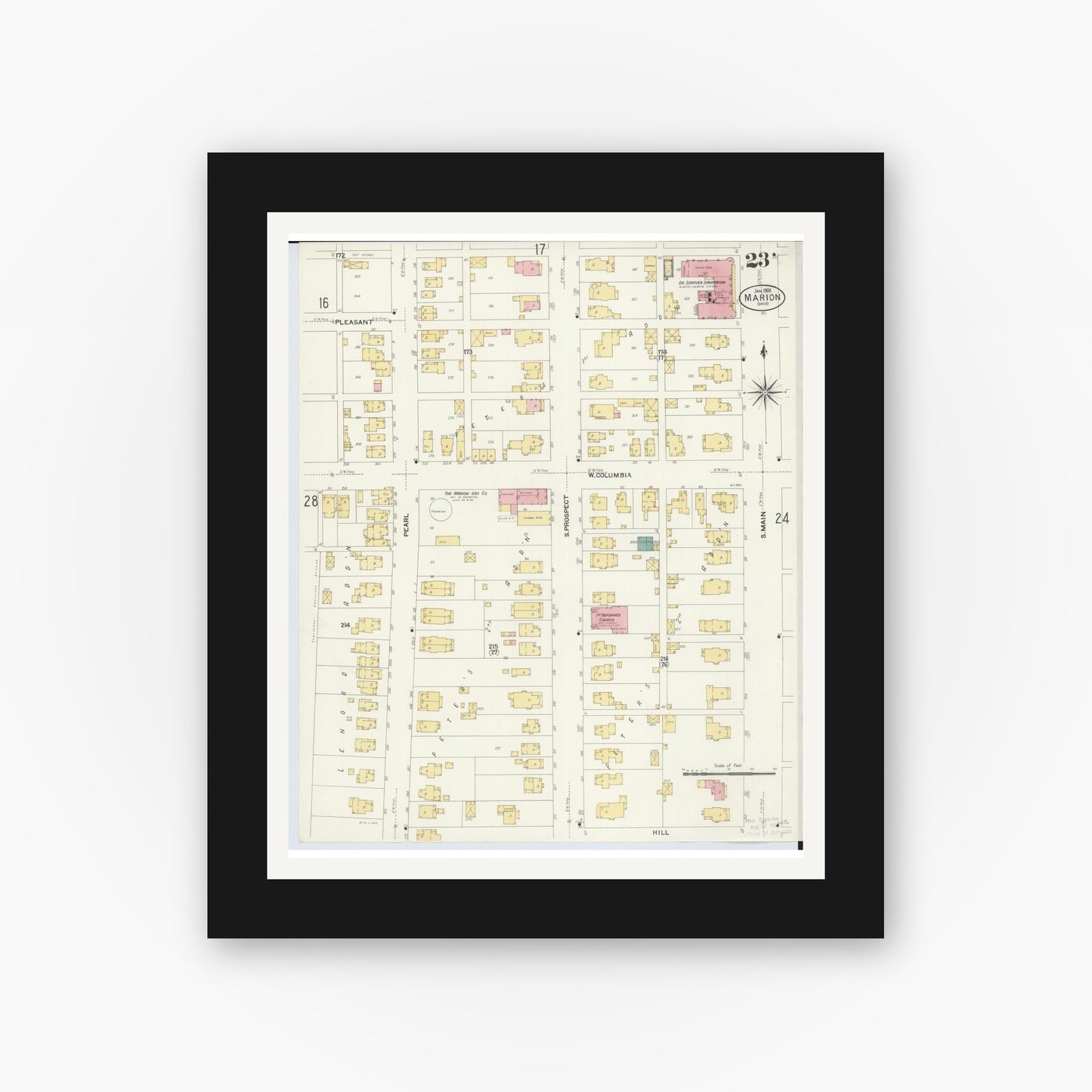 Old map wall art mockup — black gallery frame with white mat — Sanborn Fire Insurance Map from Marion, Marion County, Ohio (1908), Sheet #0023
