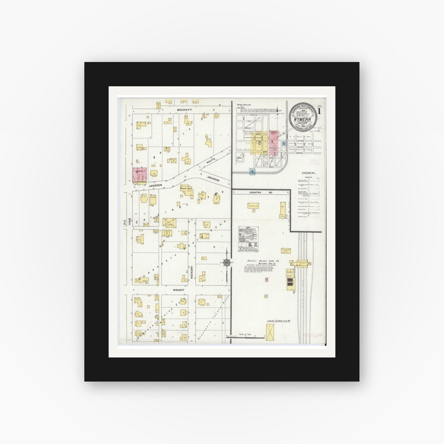 Old map wall art mockup — black gallery frame with white mat — Sanborn Fire Insurance Map from Hymera, Sullivan County, Indiana (1910) - Complete Map Set