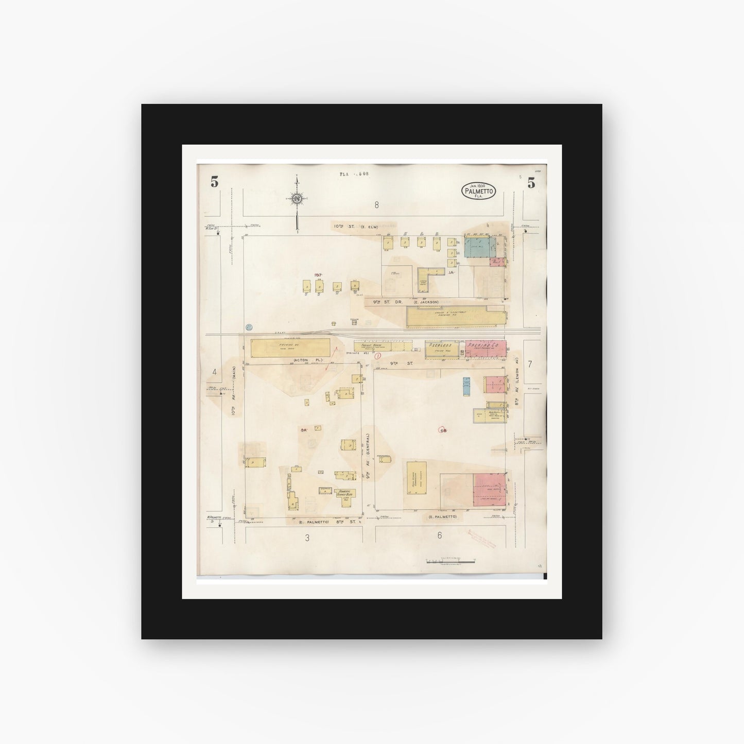 Old map wall art mockup — black gallery frame with white mat — Sanborn Fire Insurance Map from Palmetto, Manatee County, Florida (1944), Sheet #0005