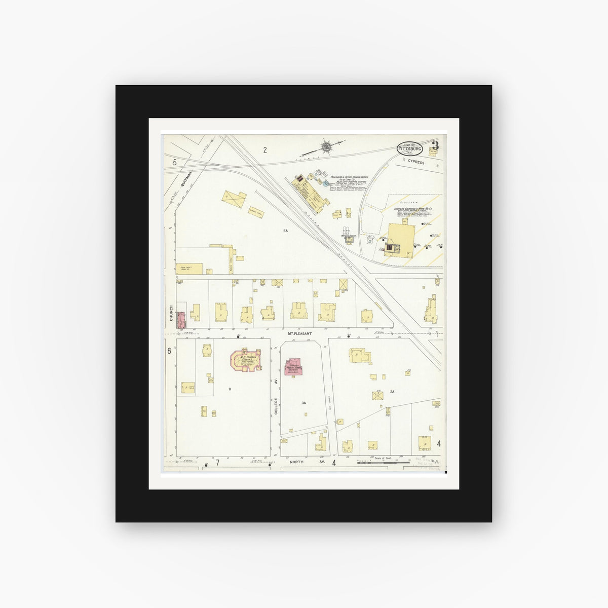 Old map wall art mockup — black gallery frame with white mat — Sanborn Fire Insurance Map from Pittsburg, Camp County, Texas (1911), Sheet #0003