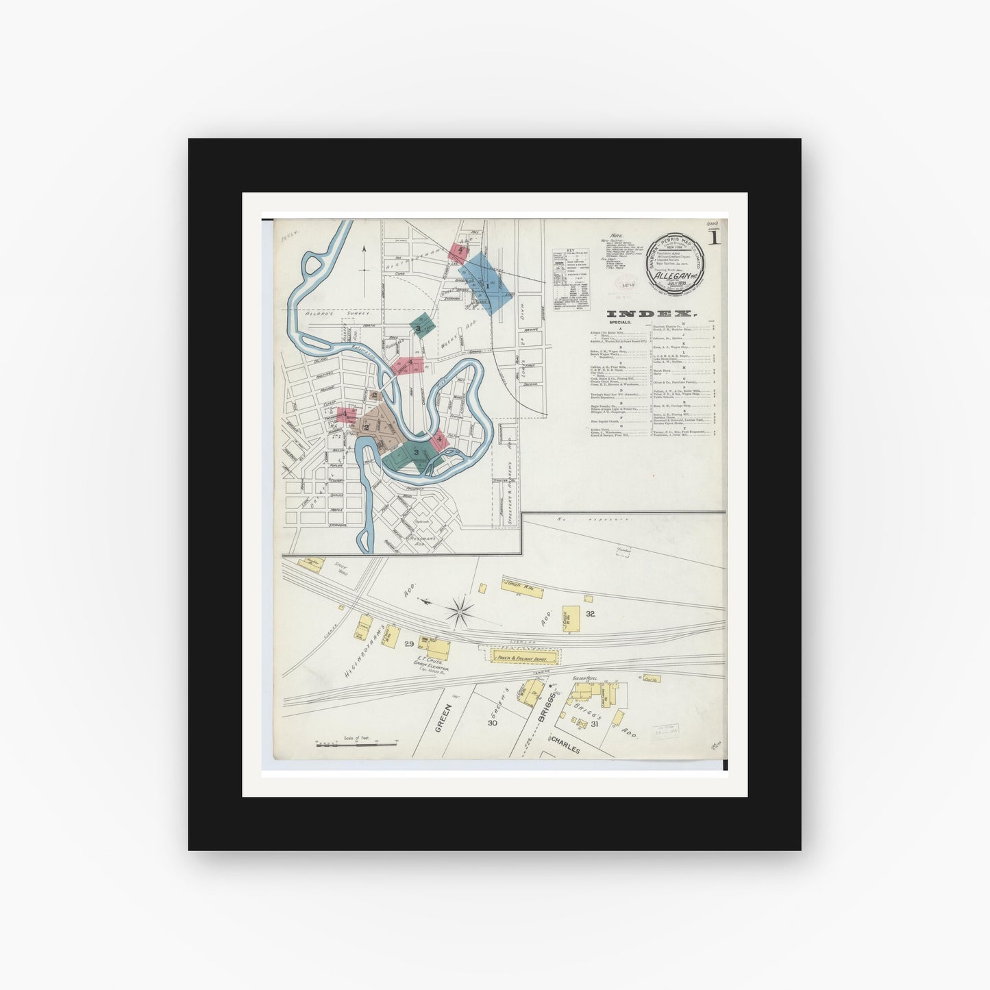 Old map wall art mockup — black gallery frame with white mat — Sanborn Fire Insurance Map from Allegan, Allegan County, Michigan (1893), Sheet #0001
