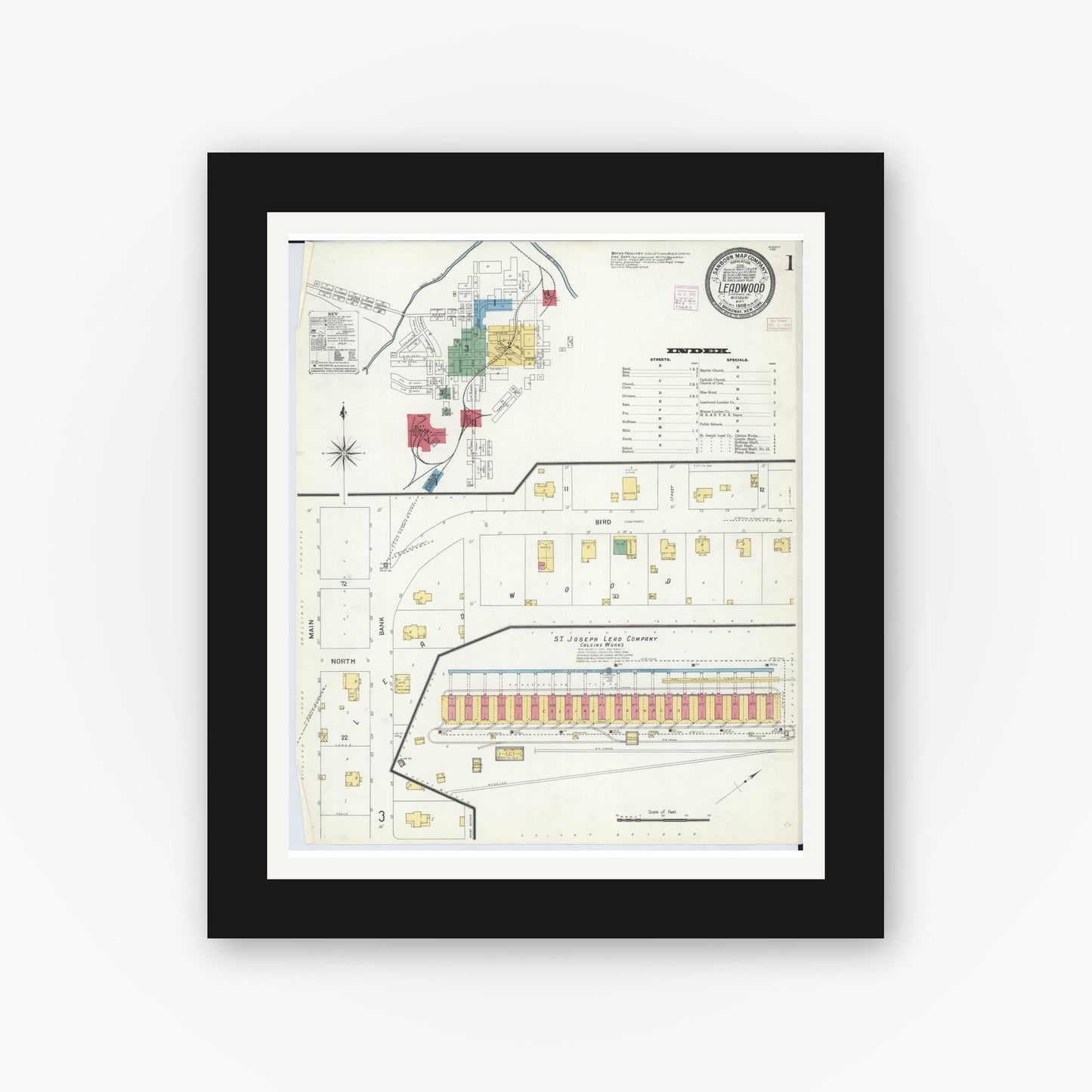Old map wall art mockup — black gallery frame with white mat — Sanborn Fire Insurance Map from Leadwood, Saint Francois County, Missouri (1908) - Complete Map Set