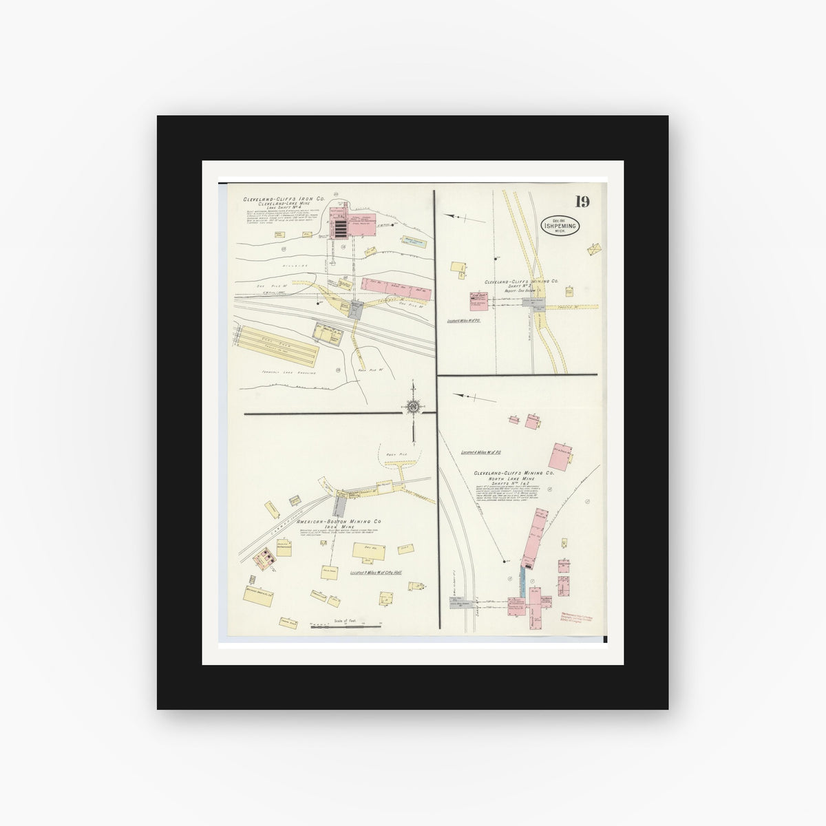 Old map wall art mockup — black gallery frame with white mat — Sanborn Fire Insurance Map from Ishpeming, Marquette County, Michigan (1911), Sheet #0019