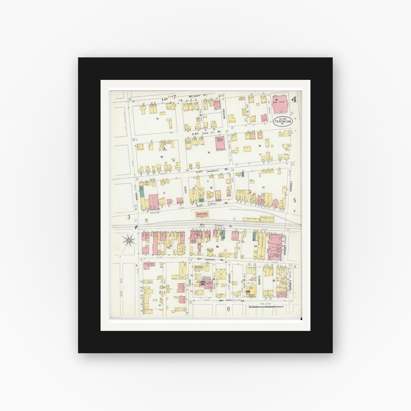 Old map wall art mockup — black gallery frame with white mat — Sanborn Fire Insurance Map from Tarentum, Allegheny County, Pennsylvania (1902), Sheet #0004