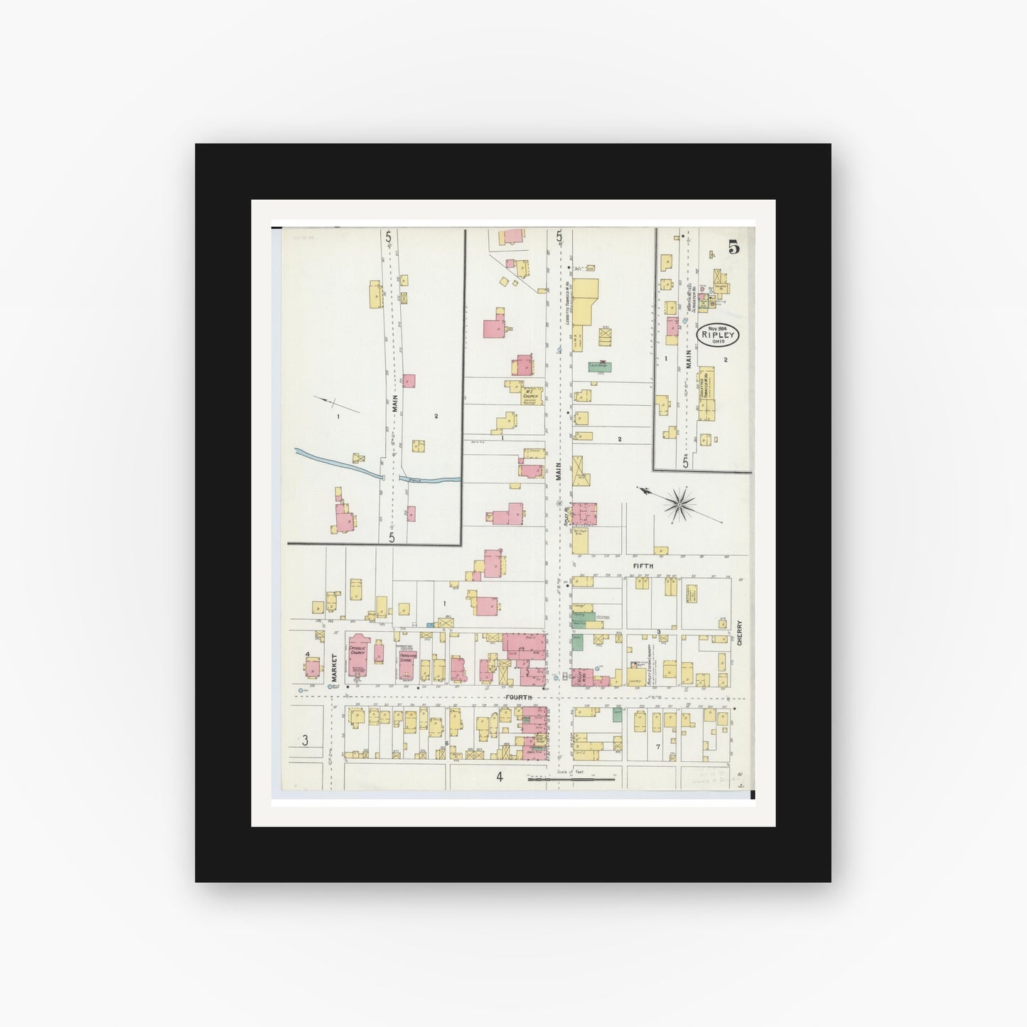 Old map wall art mockup — black gallery frame with white mat — Sanborn Fire Insurance Map from Ripley, Brown County, Ohio (1904), Sheet #0005