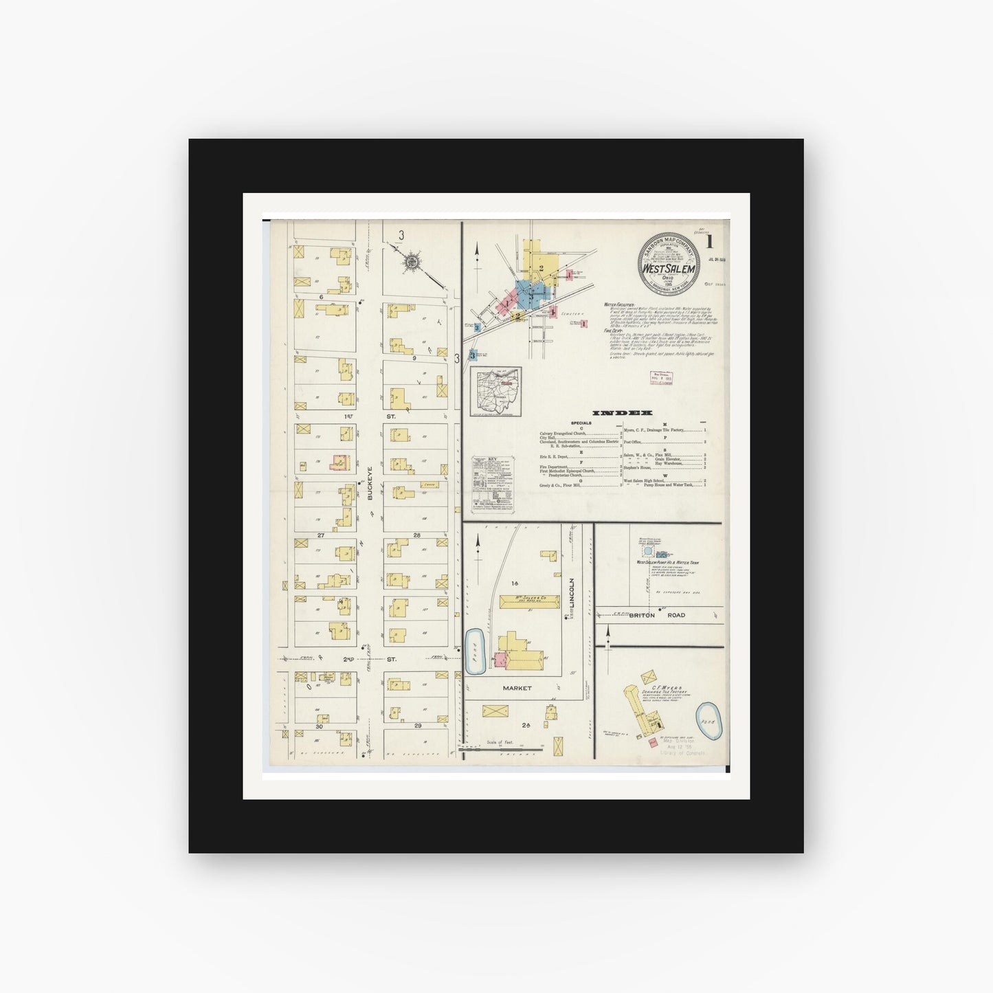 Old map wall art mockup β black gallery frame with white mat β Sanborn Fire Insurance Map from West Salem, Wayne County, Ohio (1915) - Complete Map Set
