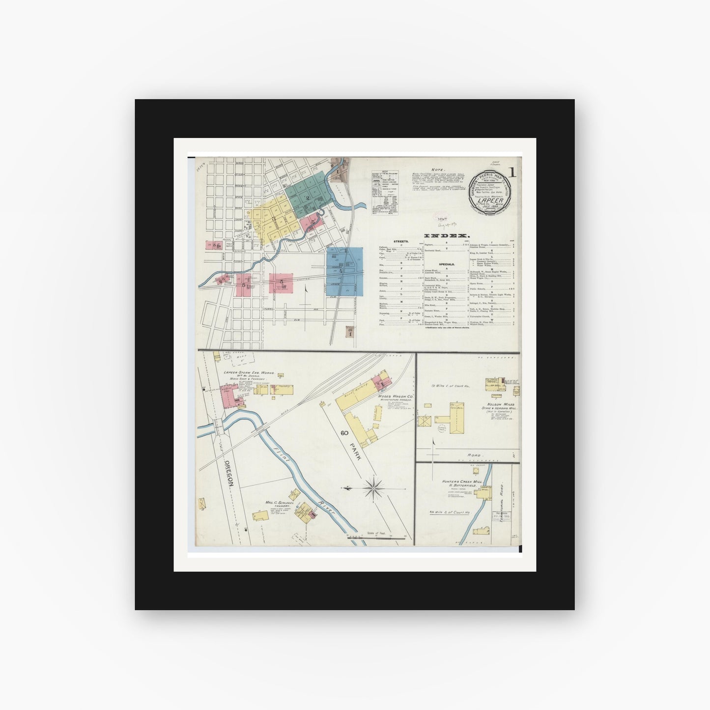 Old map wall art mockup — black gallery frame with white mat — Sanborn Fire Insurance Map from Lapeer, Lapeer County, Michigan (1893) - Complete Map Set