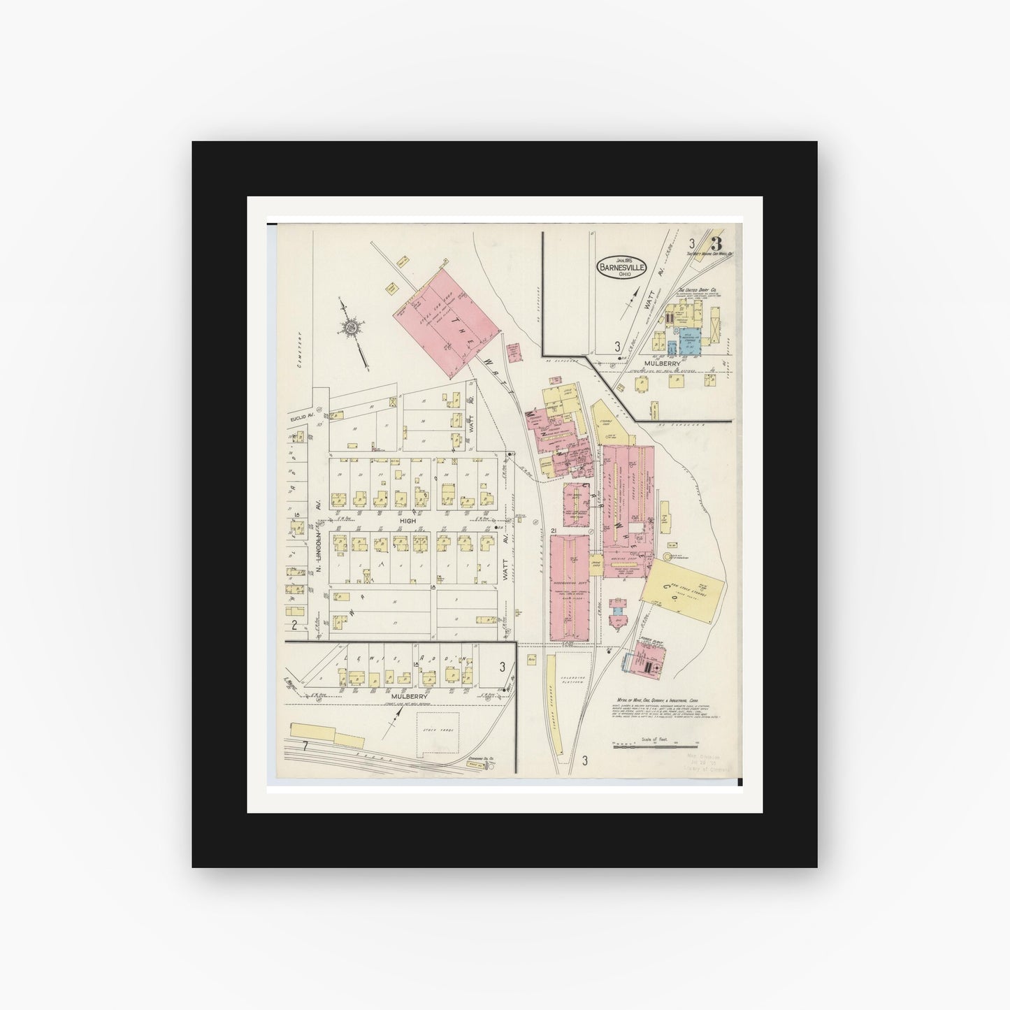 Old map wall art mockup — black gallery frame with white mat — Sanborn Fire Insurance Map from Barnesville, Belmont County, Ohio (1915), Sheet #0003